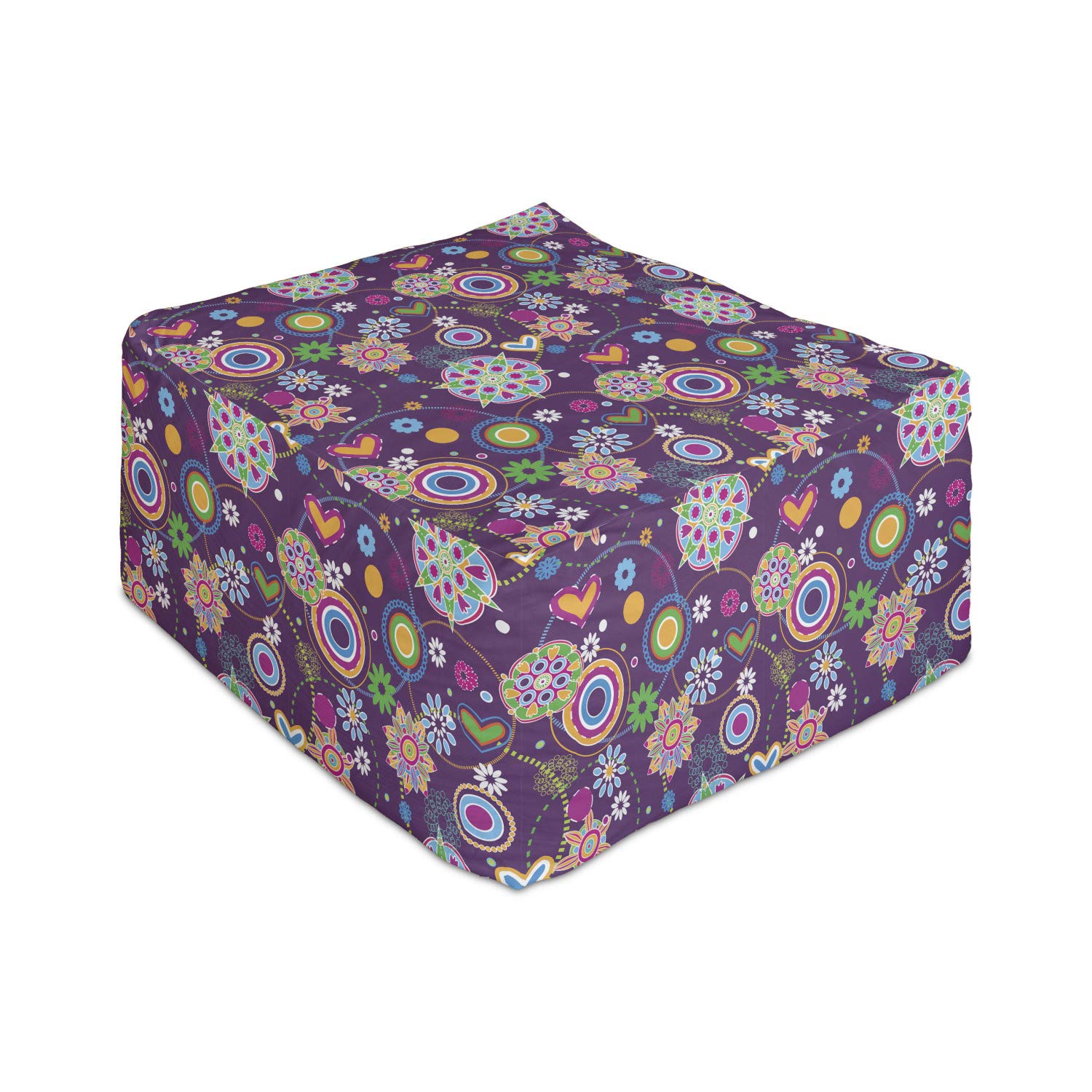 Ambesonne Bohemian Hippie Rectangle Pouf Ottoman - 60s Retro Style with Peace, Love, Hearts, Flowers & Circles Print - 25