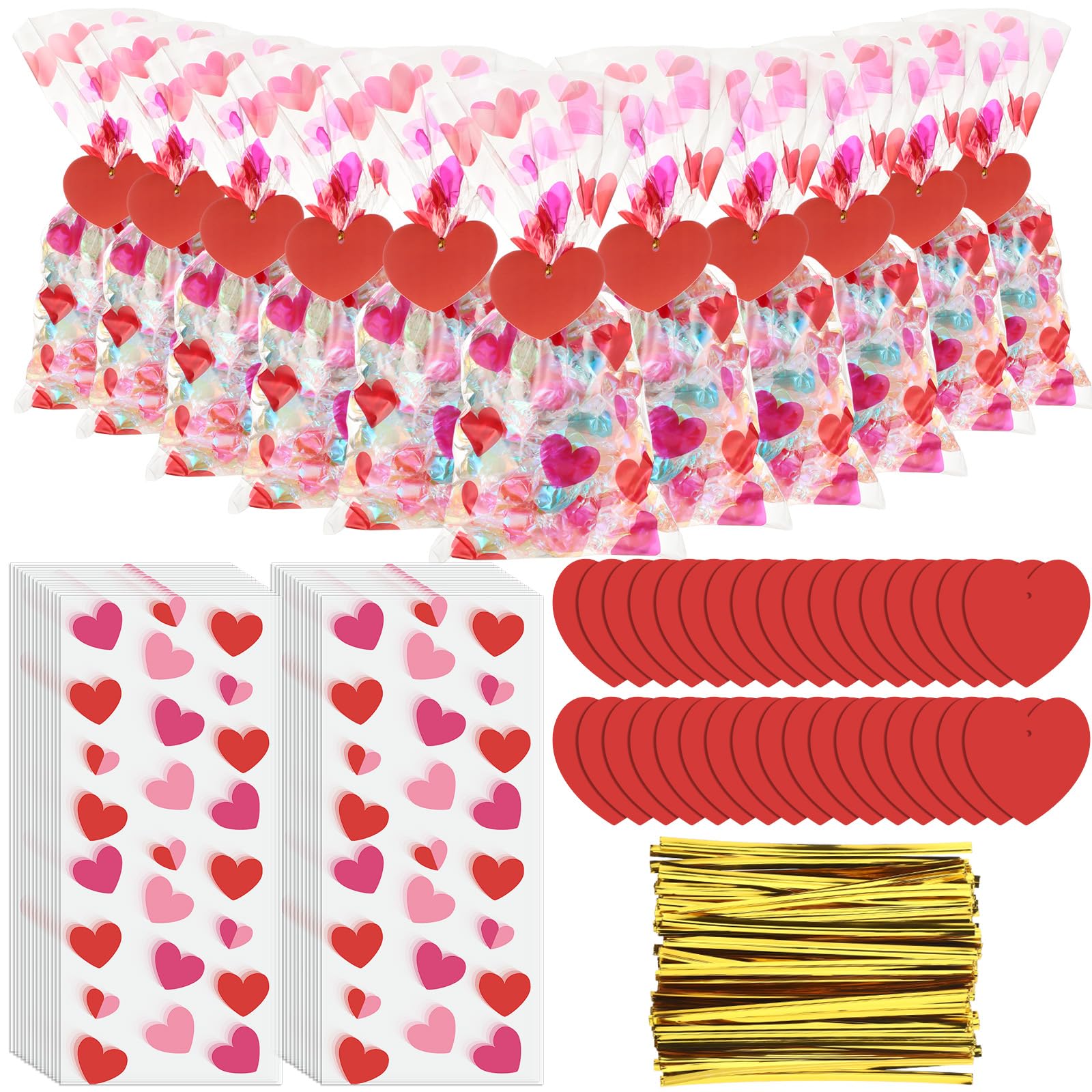 150-Pack Heart-Shaped Cellophane Treat Bags with Twist Ties - Bulk Goodie Bags for Candy, Cookies & Party Favors - Perfect for Valentine's Day, Baby Showers & Wedding Favors