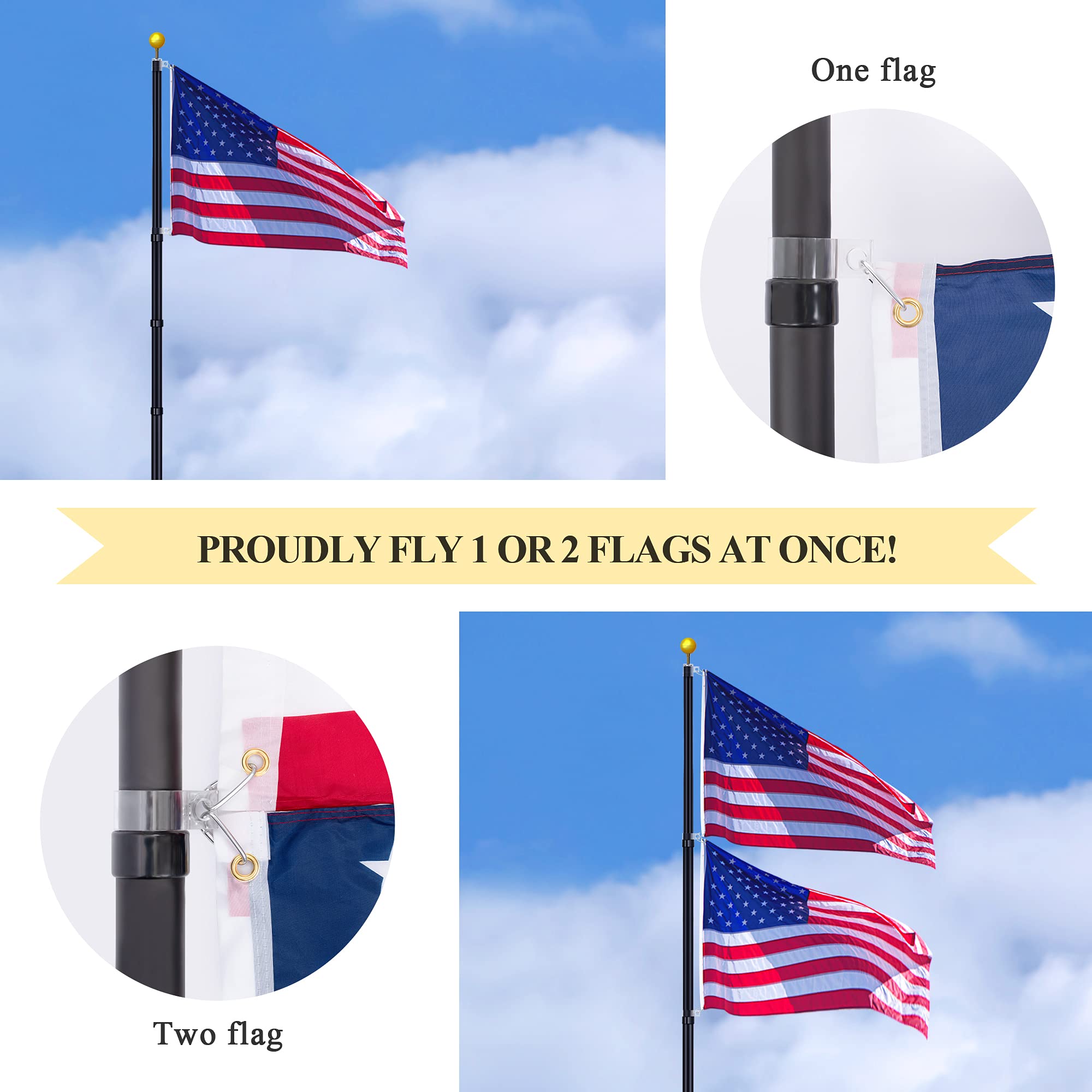 20FT Heavy Duty Telescoping Flag Pole Kit - 14 Gauge Aluminum Inground Flagpole with 3x5 American Flag | Fly 2 Flags | Weather-Resistant for Residential, Yard & Commercial Use | Perfect for Patriotic Displays, Sports Events & Business Branding
