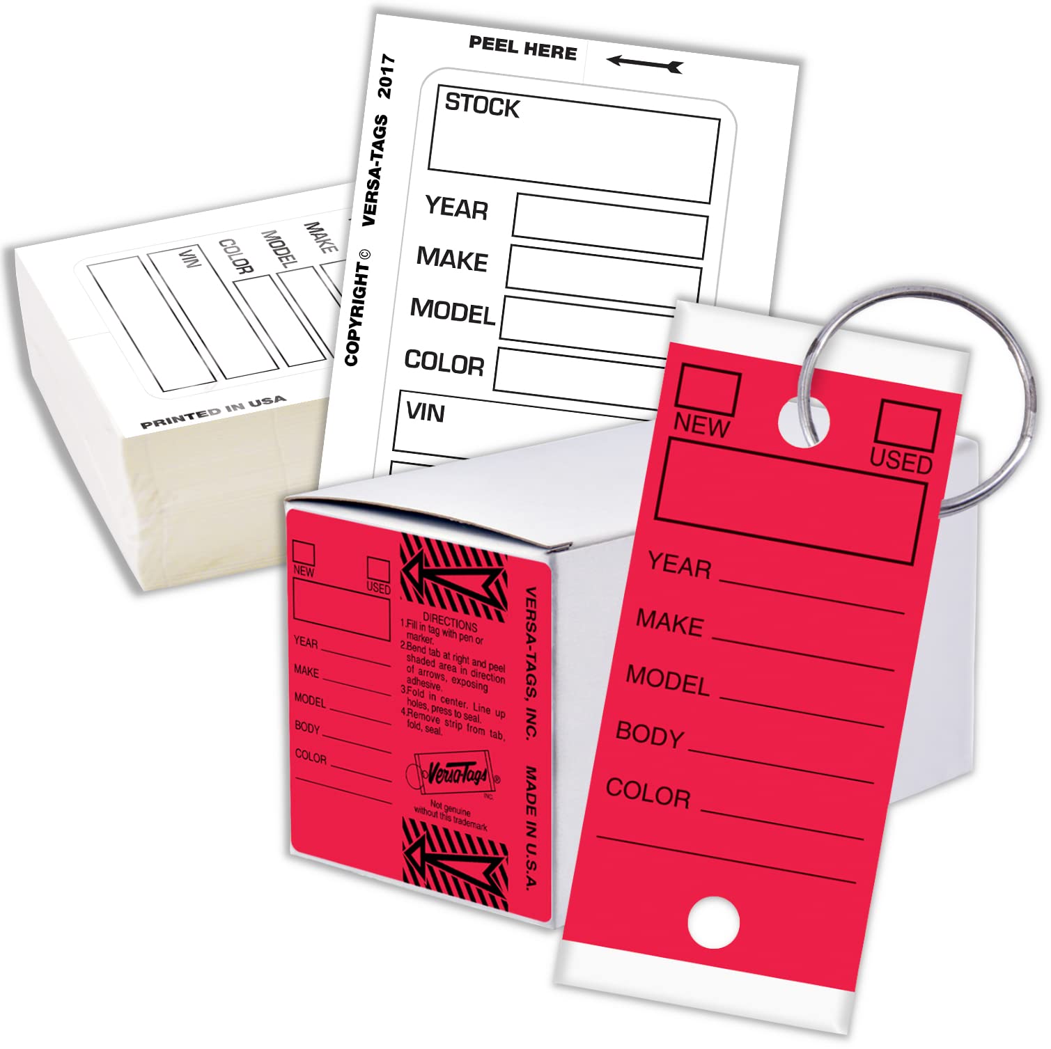 Versa-Tags Key & Inventory Management System - 250 Key Tags, 100 Kleer-Bak Window Stickers - 3-Piece Car Dealer Organization Set (White & Red) - Perfect for Auto Dealerships, Property Management & Retail Inventory Control