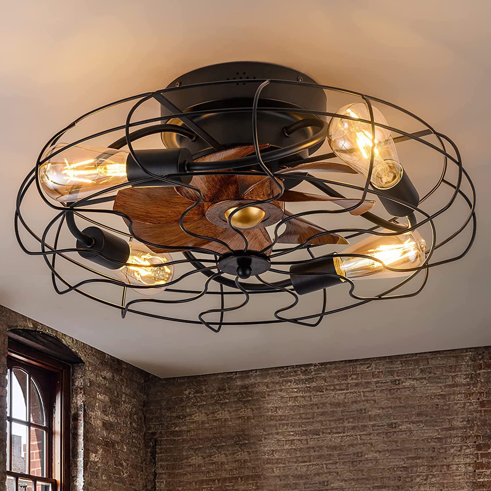 Industrial Bladeless Ceiling Fan with Lights & Remote Control - Vintage Black Cage Chandelier Fan for Farmhouse, Living Room & Dining Room | Modern Home Cooling & Decorative Lighting Solution