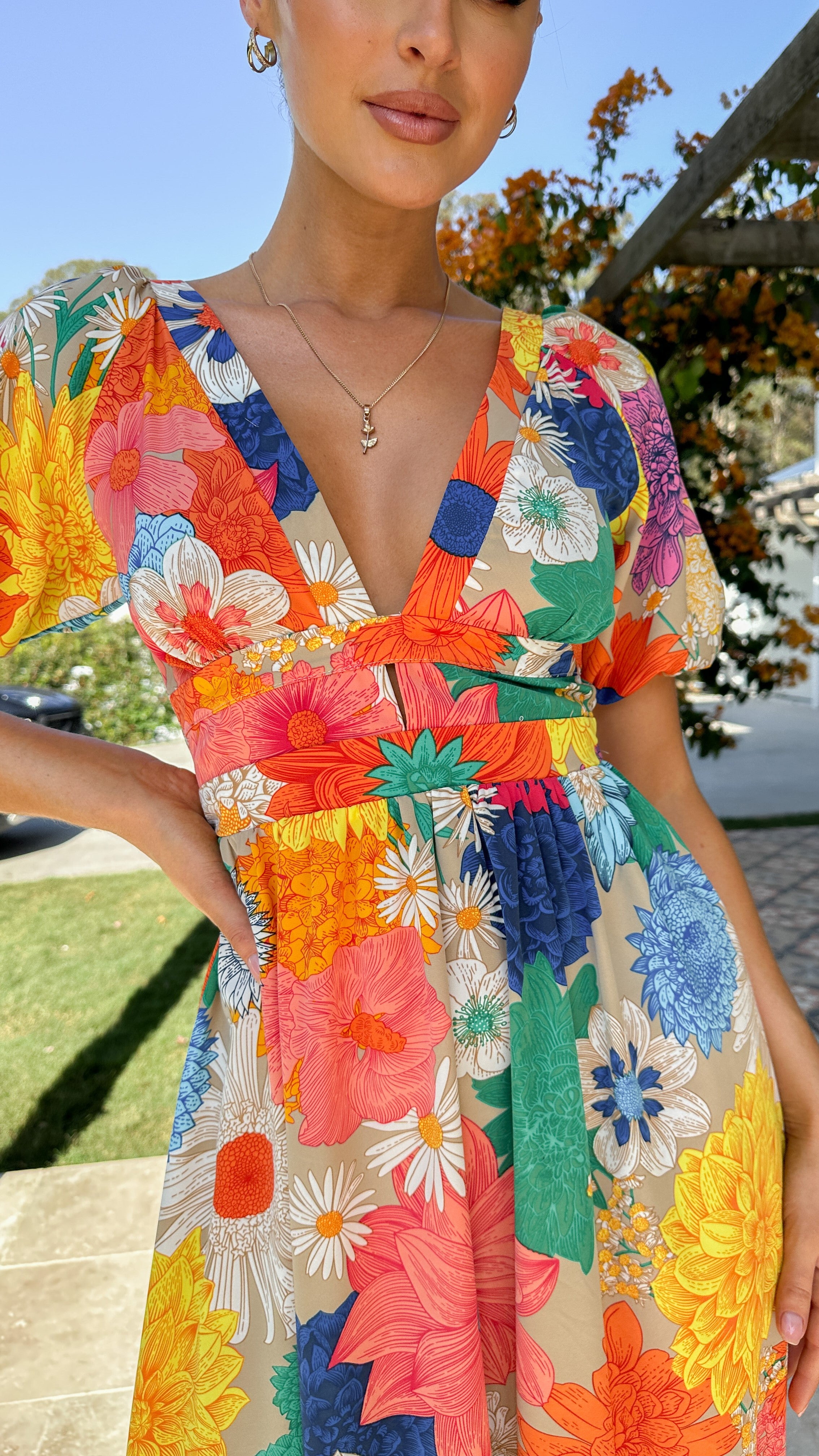 Baker Maxi Dress - Orange, Blue & Pink Floral Print Summer Dress for Women | Beach Vacation, Party & Casual Wear