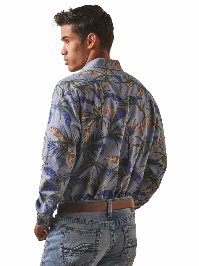 Ariat Men's Wrinkle Resistant Paradise Palm Stretch Modern Fit Shirt - Chambray Blue | Comfortable Casual Wear for Outdoor Activities & Work