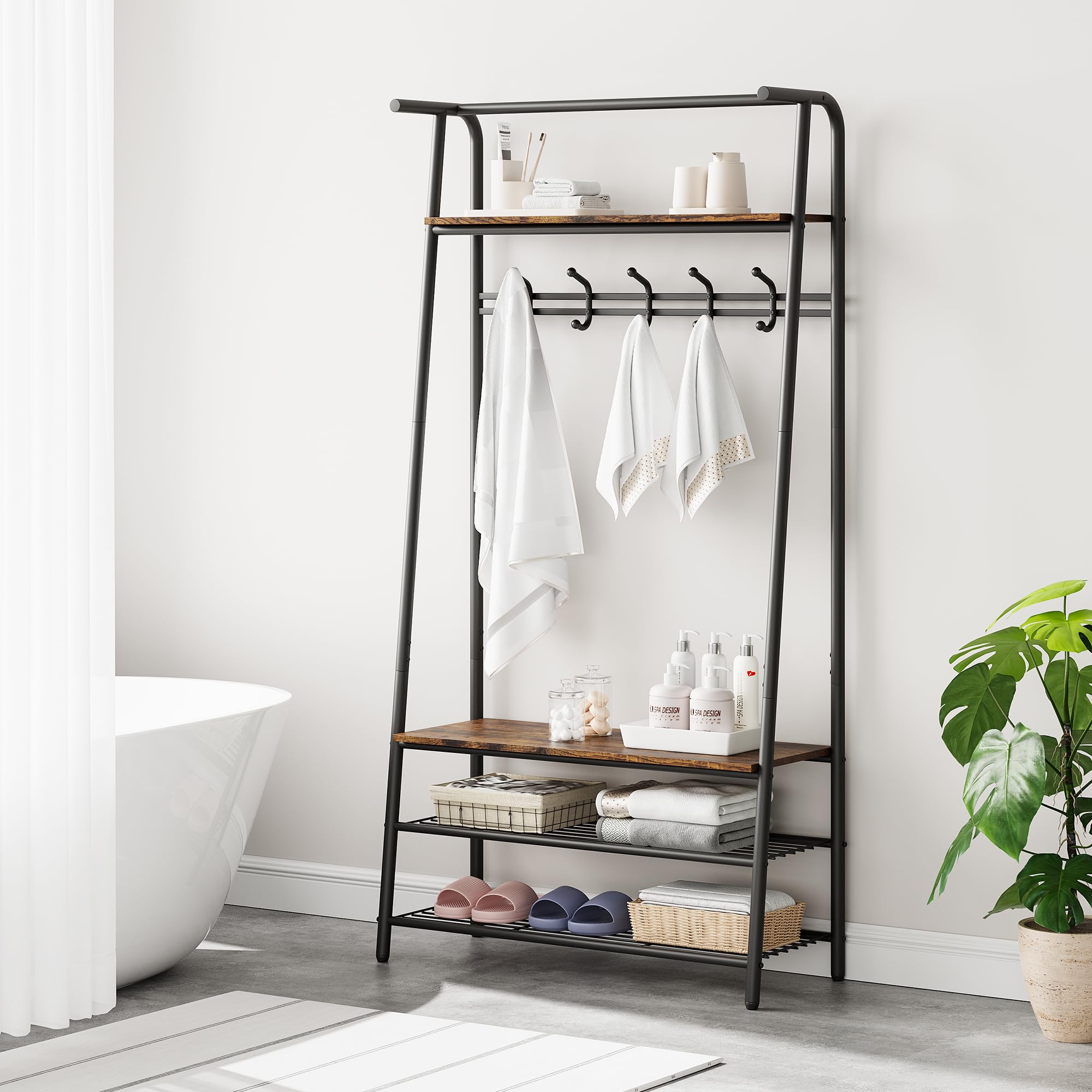 GARVEE 4-in-1 Entryway Organizer - Wood Look Coat Rack with Shoe Bench, Storage Shelf & Hanging Bar - Industrial Style Steel Frame in Rustic Brown & Black - Perfect for Mudroom, Foyer & Home Entryway Organization