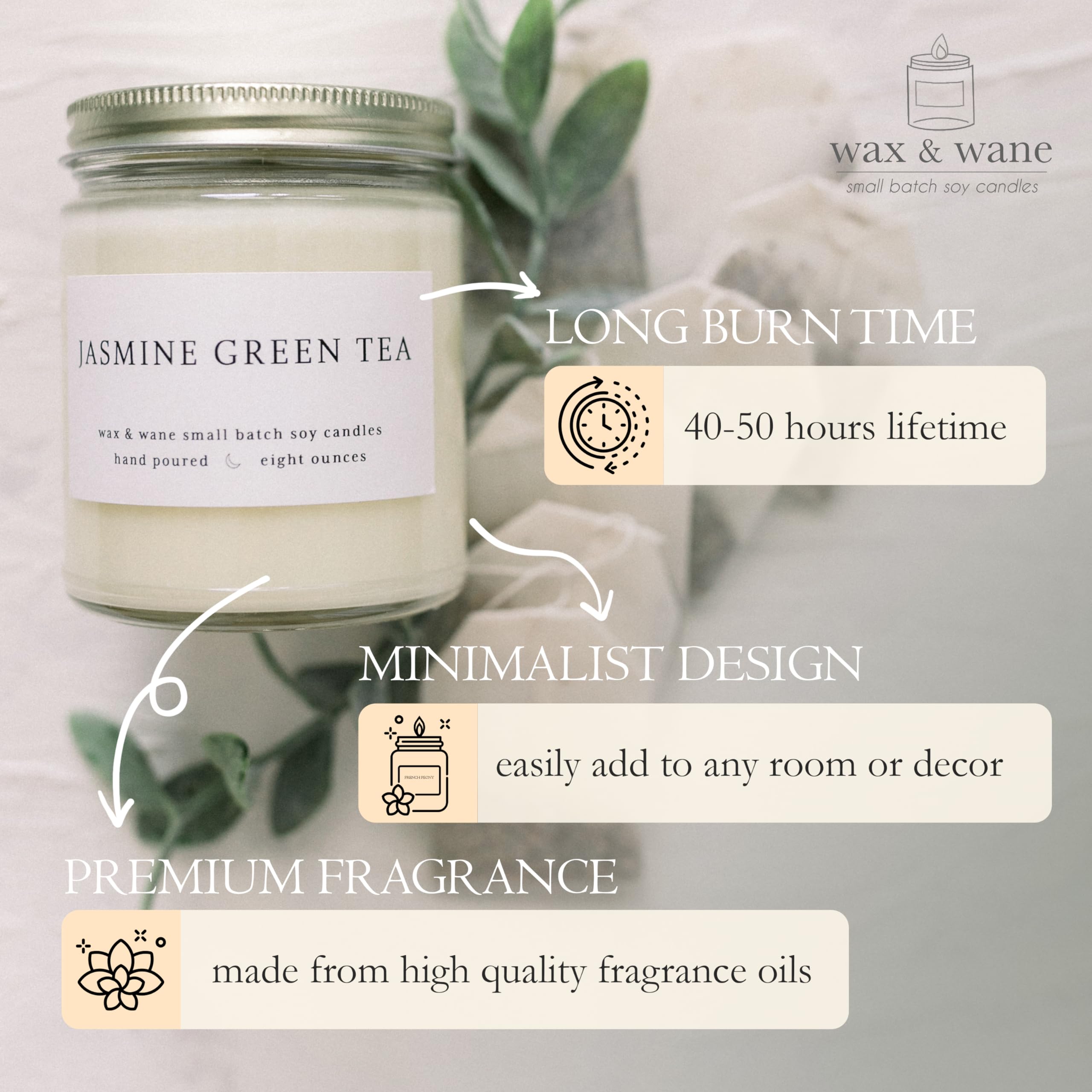 Premium Jasmine Green Tea Scented Soy Candle - 8oz Handmade Natural Wax Candle for Men & Women - Long Lasting 40+ Hours Burn Time - Aromatherapy for Home, Bedroom, Bathroom & Meditation - USA Made Eco-Friendly Gift