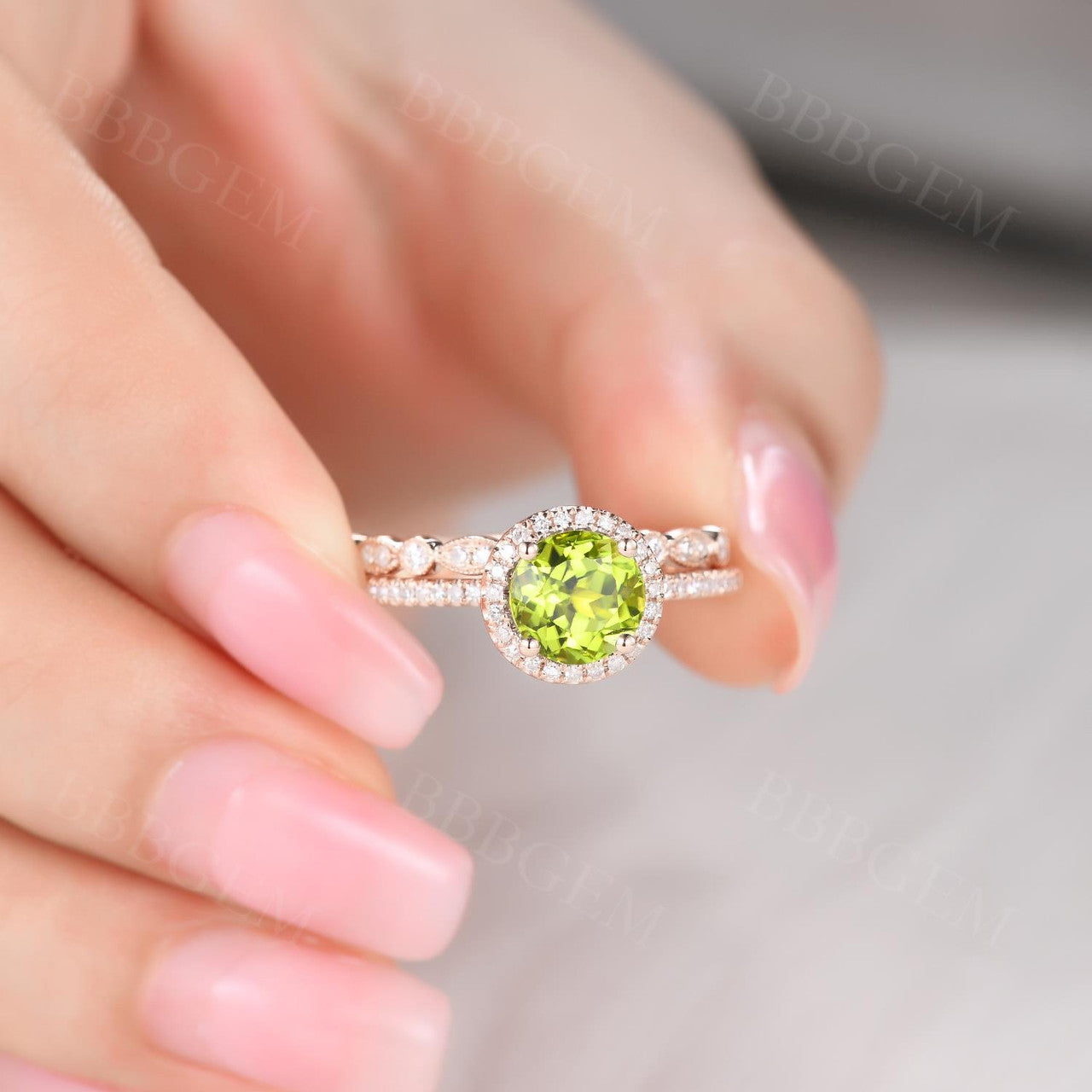 7mm Round Cut Peridot Engagement Ring Set with Diamond Wedding Band in 14K Yellow Gold - Perfect for Bridal Jewelry, Anniversary Gifts & Special Occasions