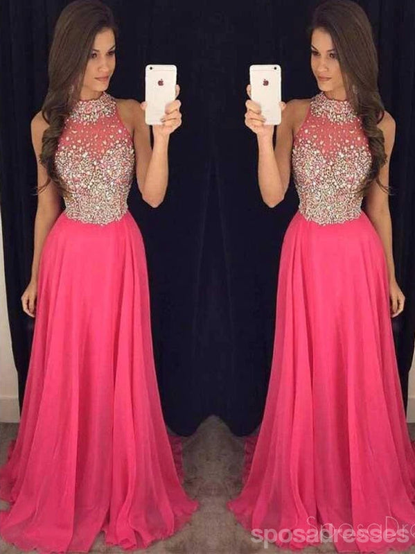 Elegant Hot Pink Halter Evening Prom Dresses with Beaded Details - Long Formal Gown for Prom, Homecoming, and Special Occasions - Custom Sizing Available - Style 17037
