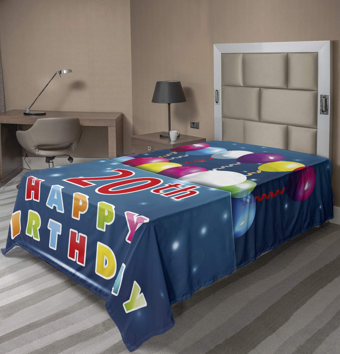 Ambesonne 20th Birthday Party Flat Sheet - Twin Size Colorful Balloon Print on Blue Backdrop | Soft & Comfortable Decorative Bedding for Teens & Adults | Perfect for Birthday Decorations, Dorm Rooms & Gift Giving