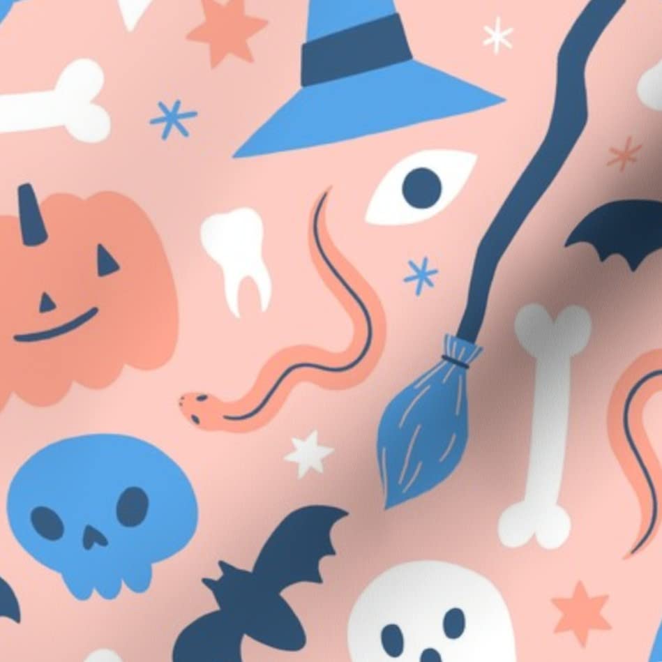 Pastel Pumpkins Skulls Witch Pink Skull Bones Halloween Printed Satin Fabric - Fat Quarter for Sewing, Apparel, Fashion, Blankets & Home Decor | Perfect for Halloween Costumes, Quilting & DIY Craft Projects
