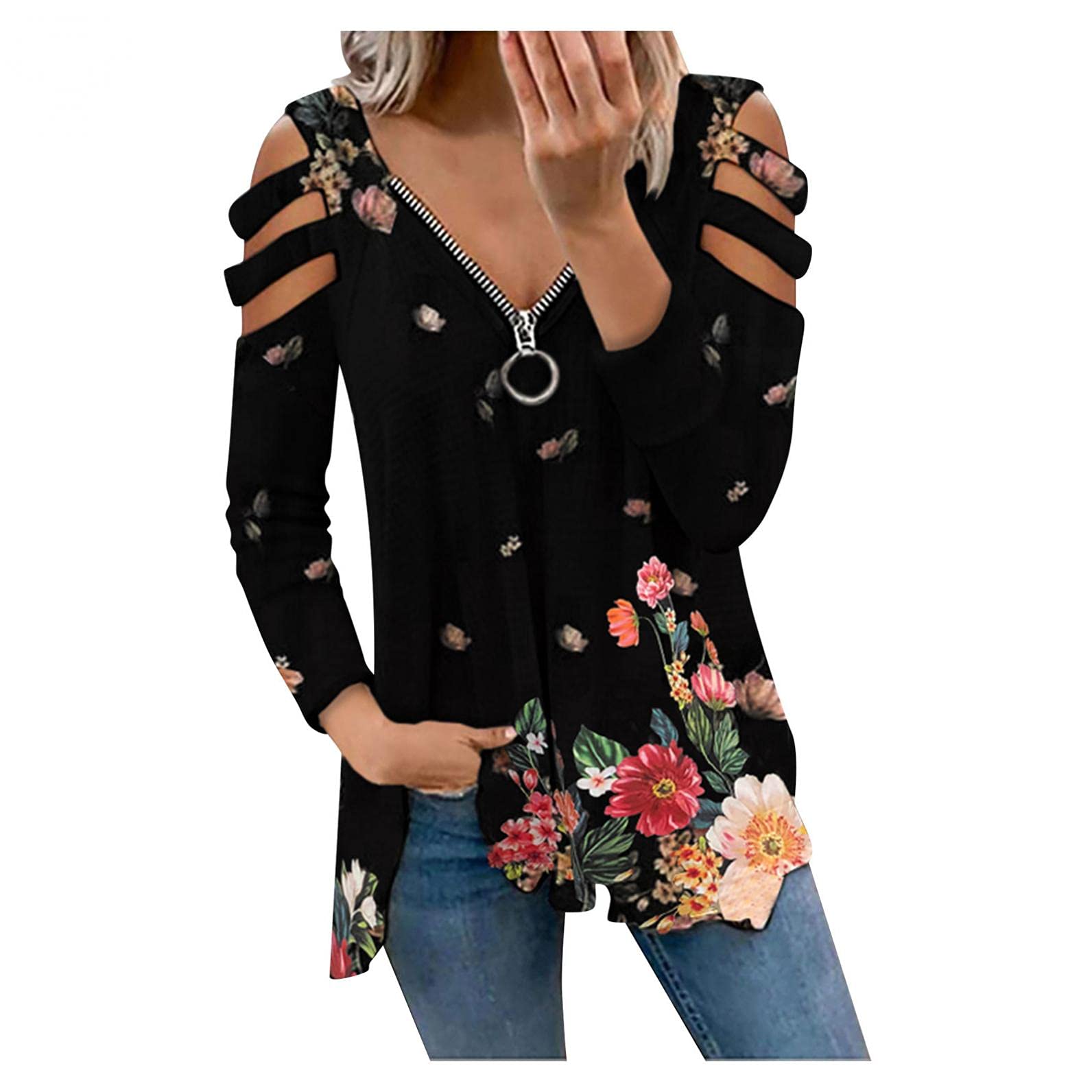 FABIURT Women's Casual Long Sleeve Graphic Tunic Tops - V-Neck Loose Fit Blouse Tee Shirts for Summer | Perfect for Office, Weekend Outings & Date Nights