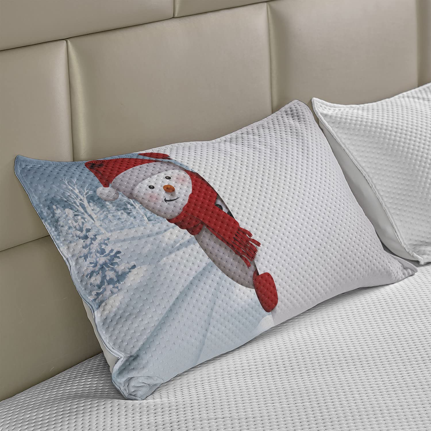 Ambesonne Snowman Knitted Quilt Pillow Cover - Funny Peeking Character Design with Snowy Fir Forest Background, Standard King Size 36x20 Inches, Red Blue Grey White - Cozy Winter Bedroom Decor for Christmas & Holiday Season