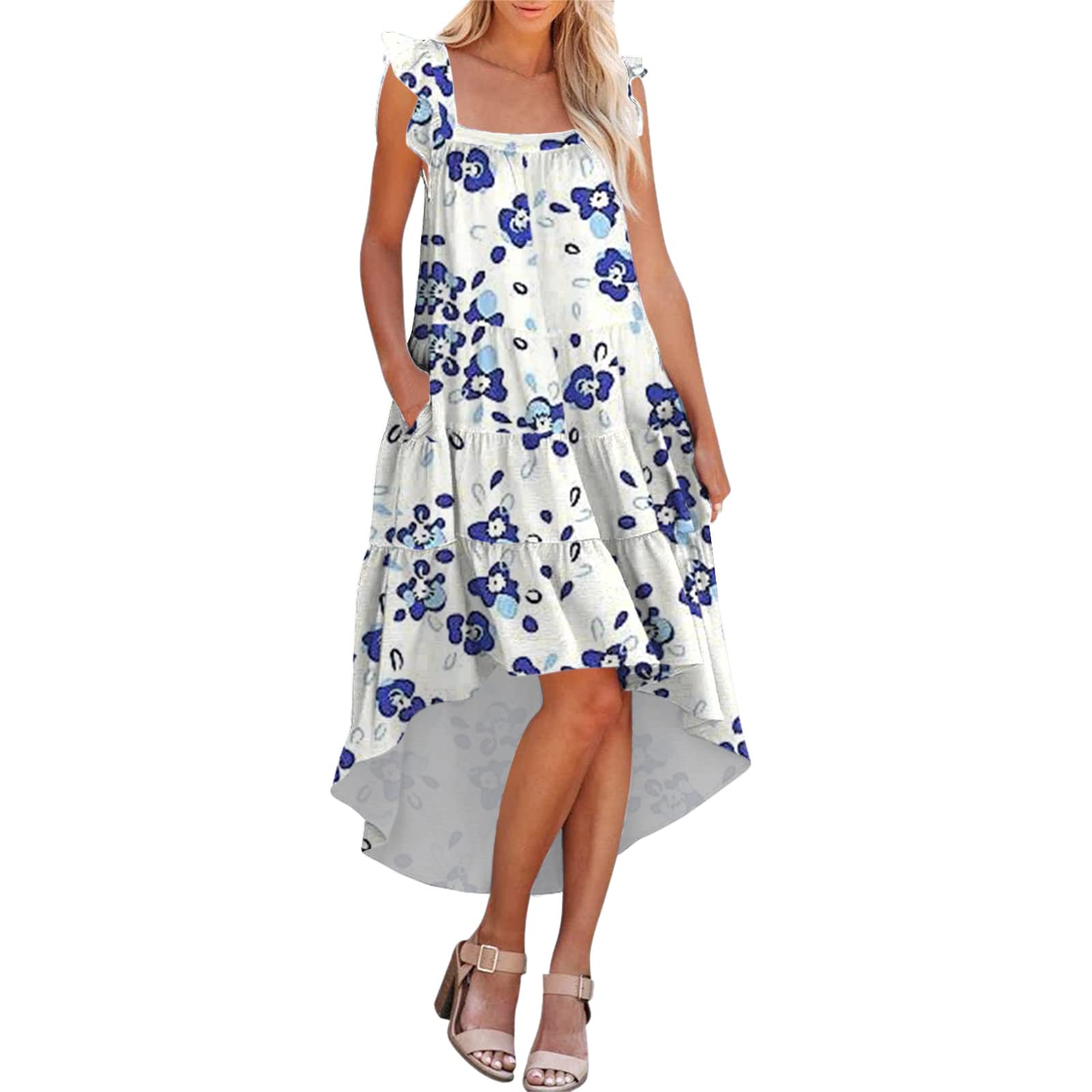 Raopuzi Women's Summer Floral Print Midi Dress with Pockets - Sleeveless Ruffle Semi-Formal Dress for Wedding Guest, Party, Cocktail & Office Wear