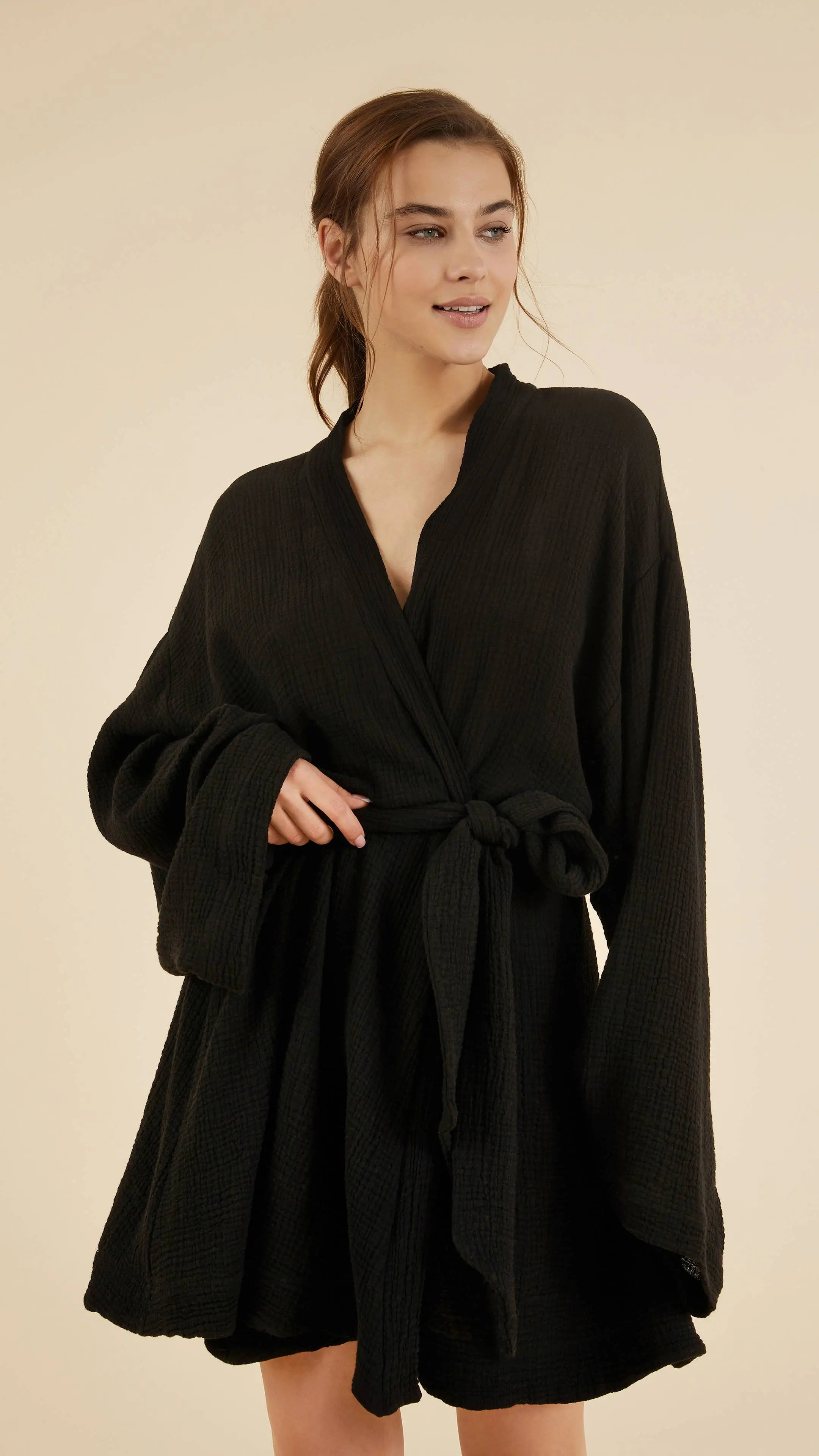 Handloom Luna Kimono Wrap Robe Dress - Soft Black Cotton Loungewear for Women | Spa, Yoga, Beach Cover-Up & Boho Chic Outfit