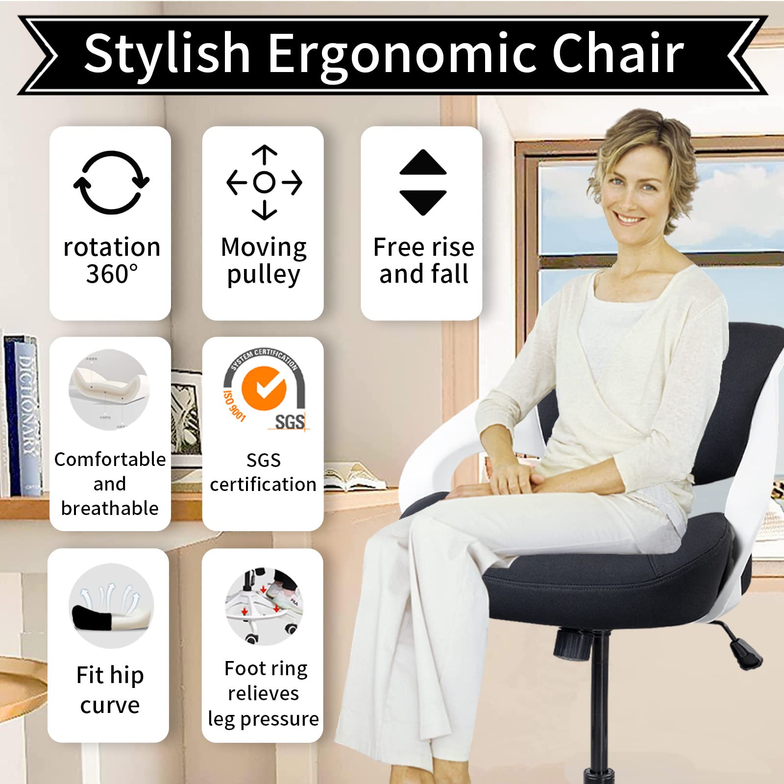 Ergonomic Drafting Chair with Lumbar Support & Foot Ring - Adjustable Swivel Task Chair for Standing Desk - Black - Perfect for Office, Home Office & Studio Workspaces