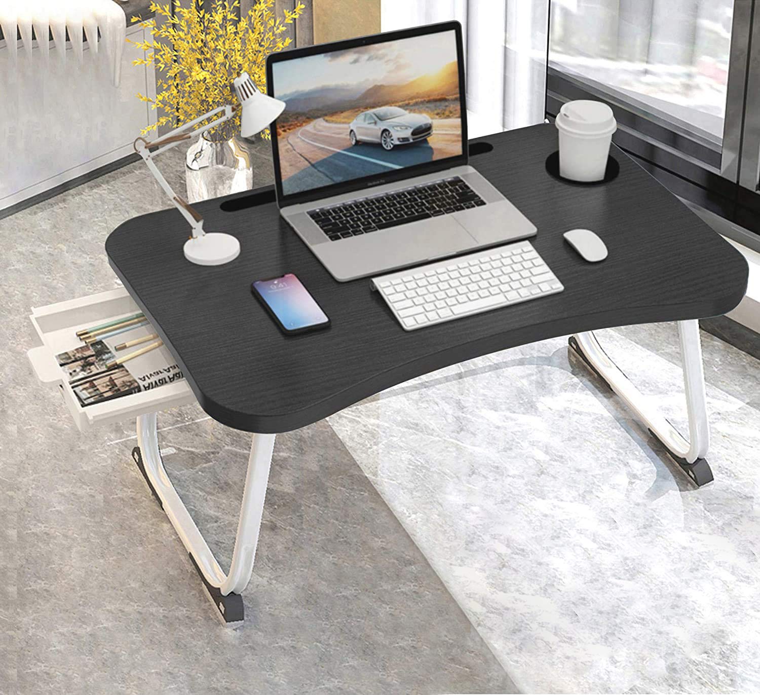 Premium XXL Foldable Laptop Bed Table with Cup Holder & Drawer - Portable Standing Lap Desk for Couch, Office, Bed (27.5”x18.9”x11”) - Ideal for Remote Work, Gaming, Breakfast in Bed & Home Office Use