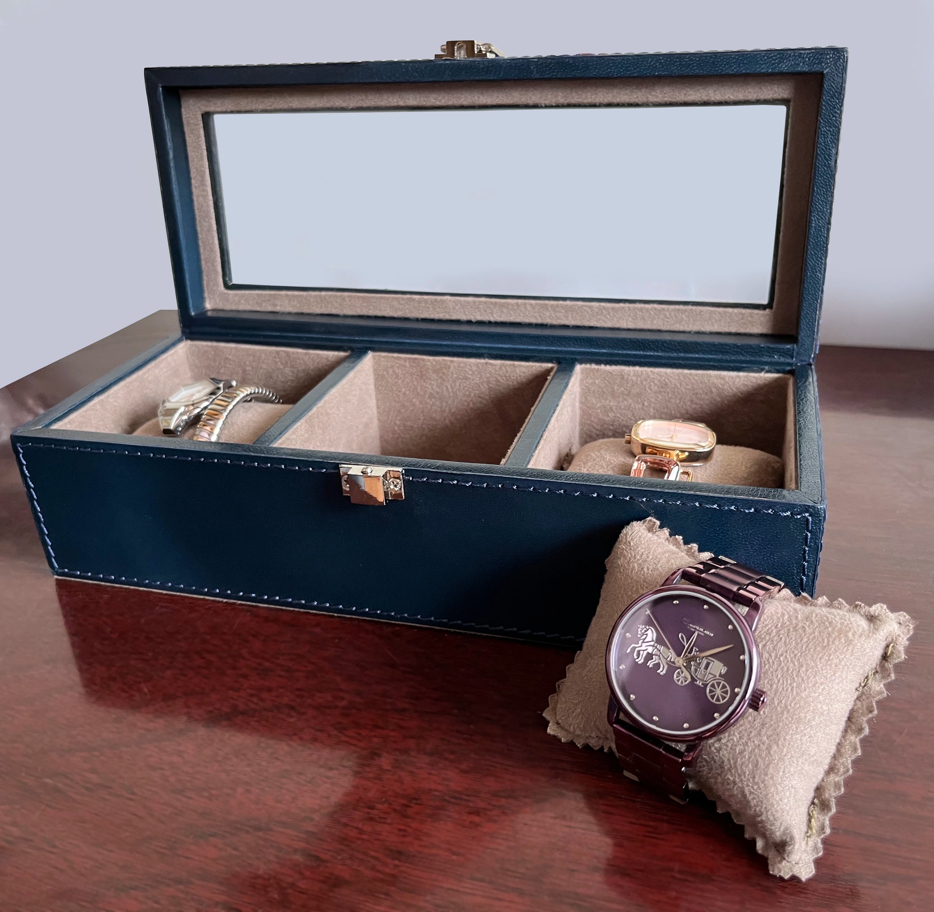 Premium Genuine Leather Watch Case with 3 Slots - Blue | Luxury Watch Storage & Travel Organizer for Men & Women | Perfect for Home, Office & Travel Accessories