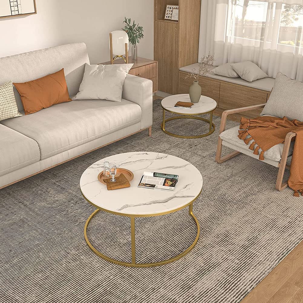 Round Nesting Coffee Table Set of 2 - White Marble Look Table Top with Metal Frame - Modern Side End Tables for Living Room, Bedroom (70+50cm) - Perfect for Snacks, Tea Time and Small Space Decor