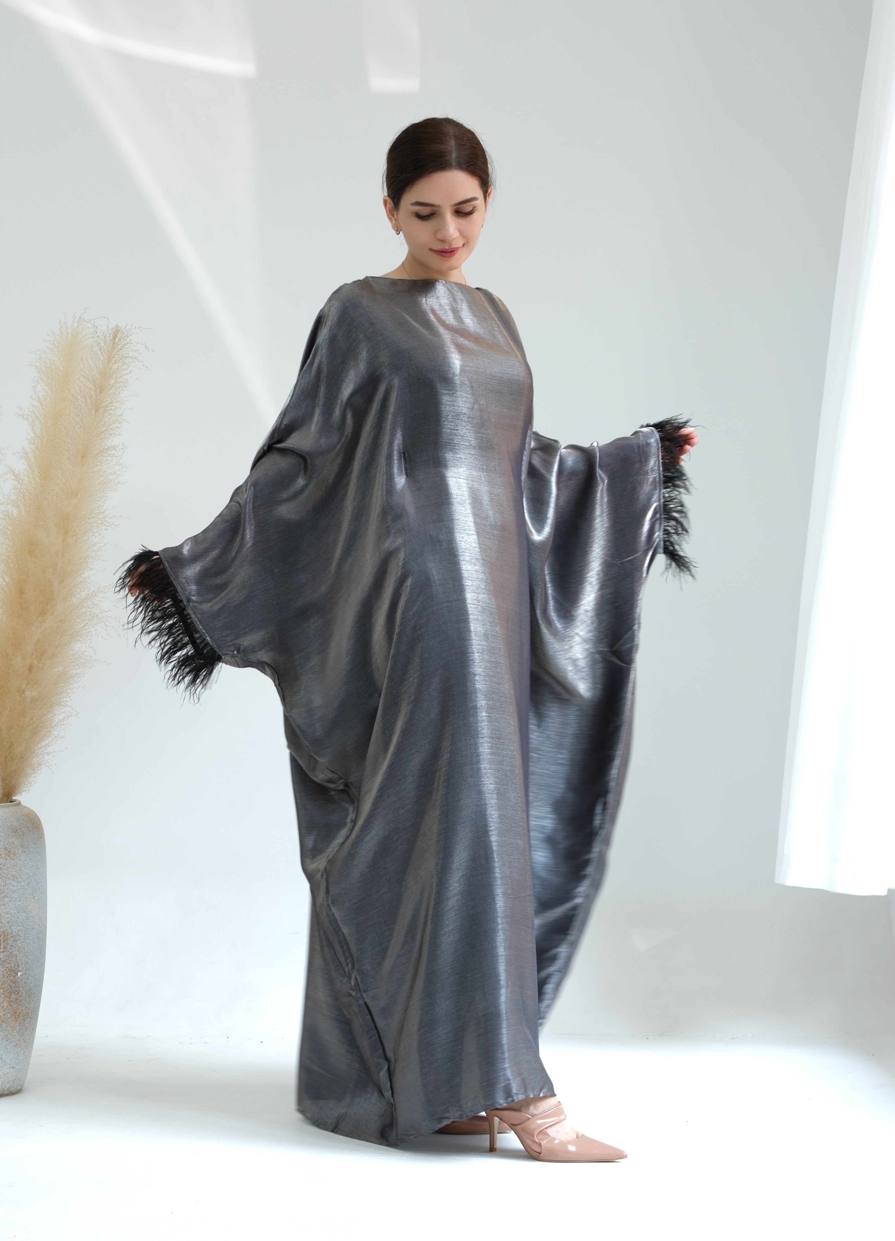 Elegant Marianne Butterfly Abaya Dress - Silver Islamic Modest Fashion for Women | Perfect for Prayer, Eid, and Special Occasions