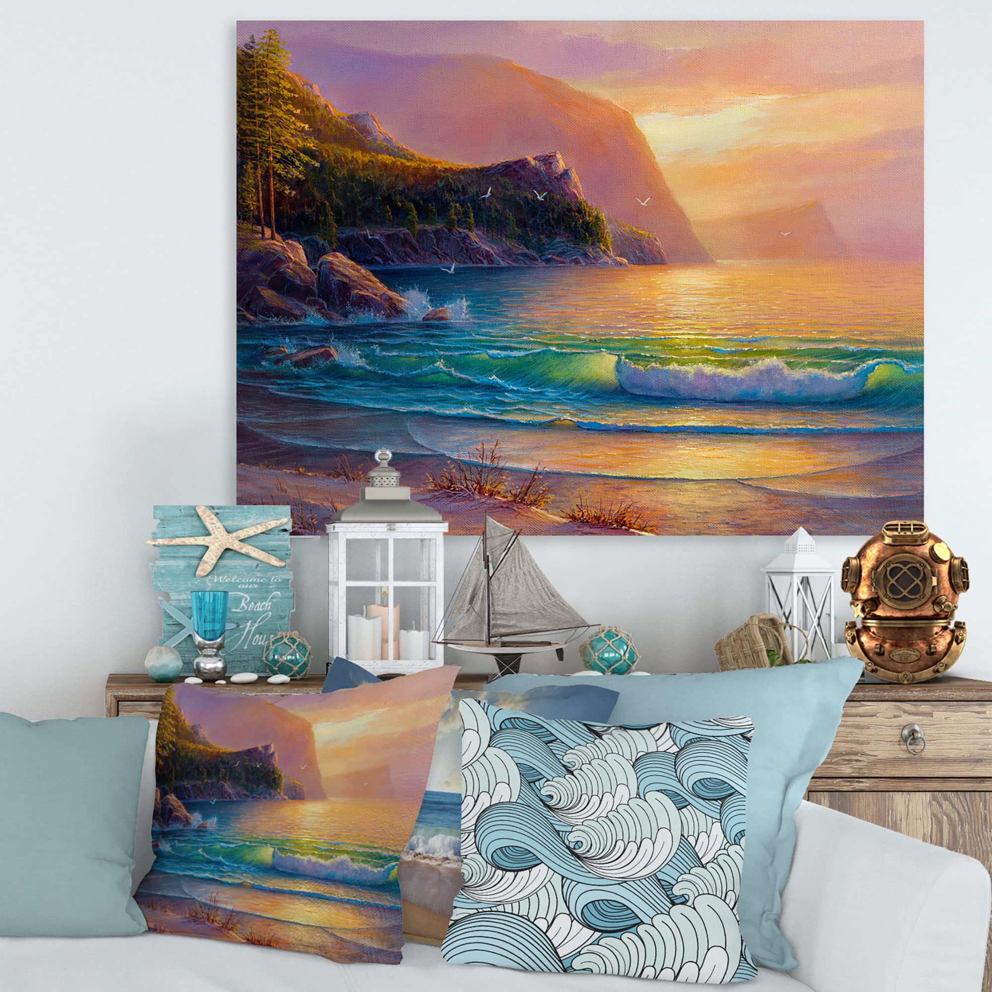 Romantic Beach Sunset Nautical Coastal Canvas Wall Art - Ocean Themed Home Decor for Living Room, Bedroom & Beach House