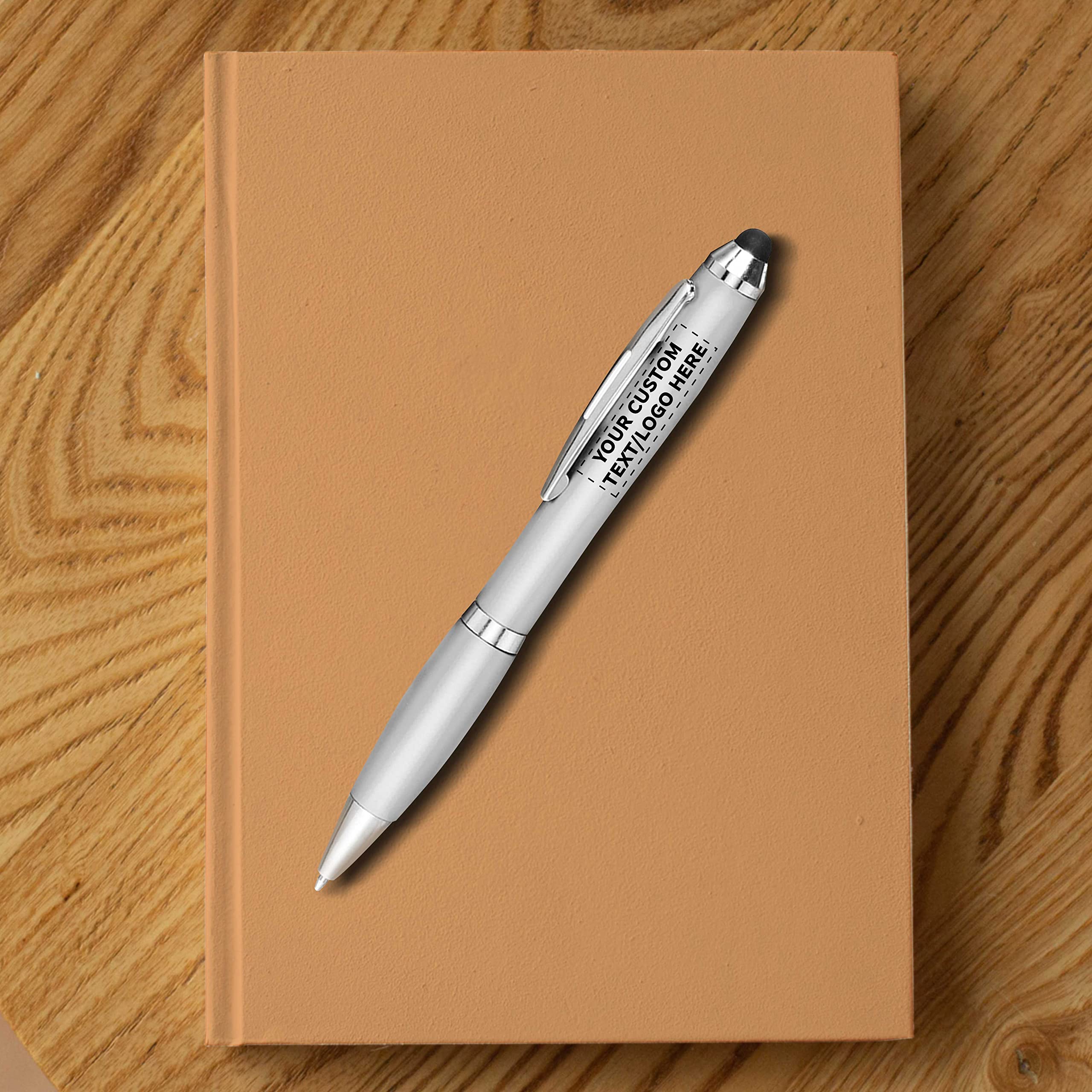 Custom Plastic Stylus Pens - Bulk Pack of 100 with Black Ink | Personalized Promotional Pens for Office, School & Business | Ideal for Tradeshows, Events & Giveaways | Silver Barrel Design