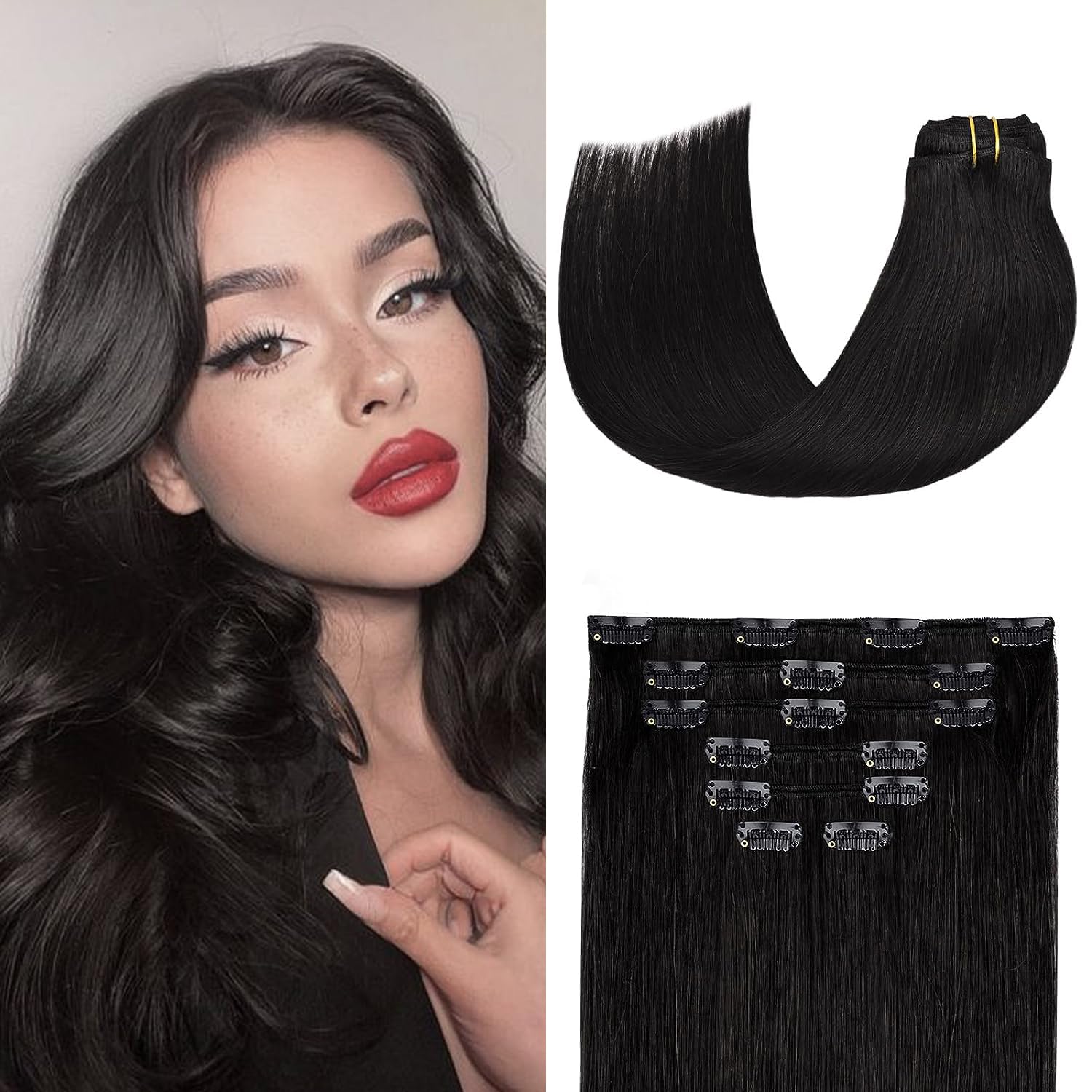 Aison Jet Black Clip-in Hair Extensions - 100% Remy Human Hair, 70g, Silky Straight, 7pcs with 16 Clips, 22 Inch | Perfect for Parties, Weddings & Everyday Styling