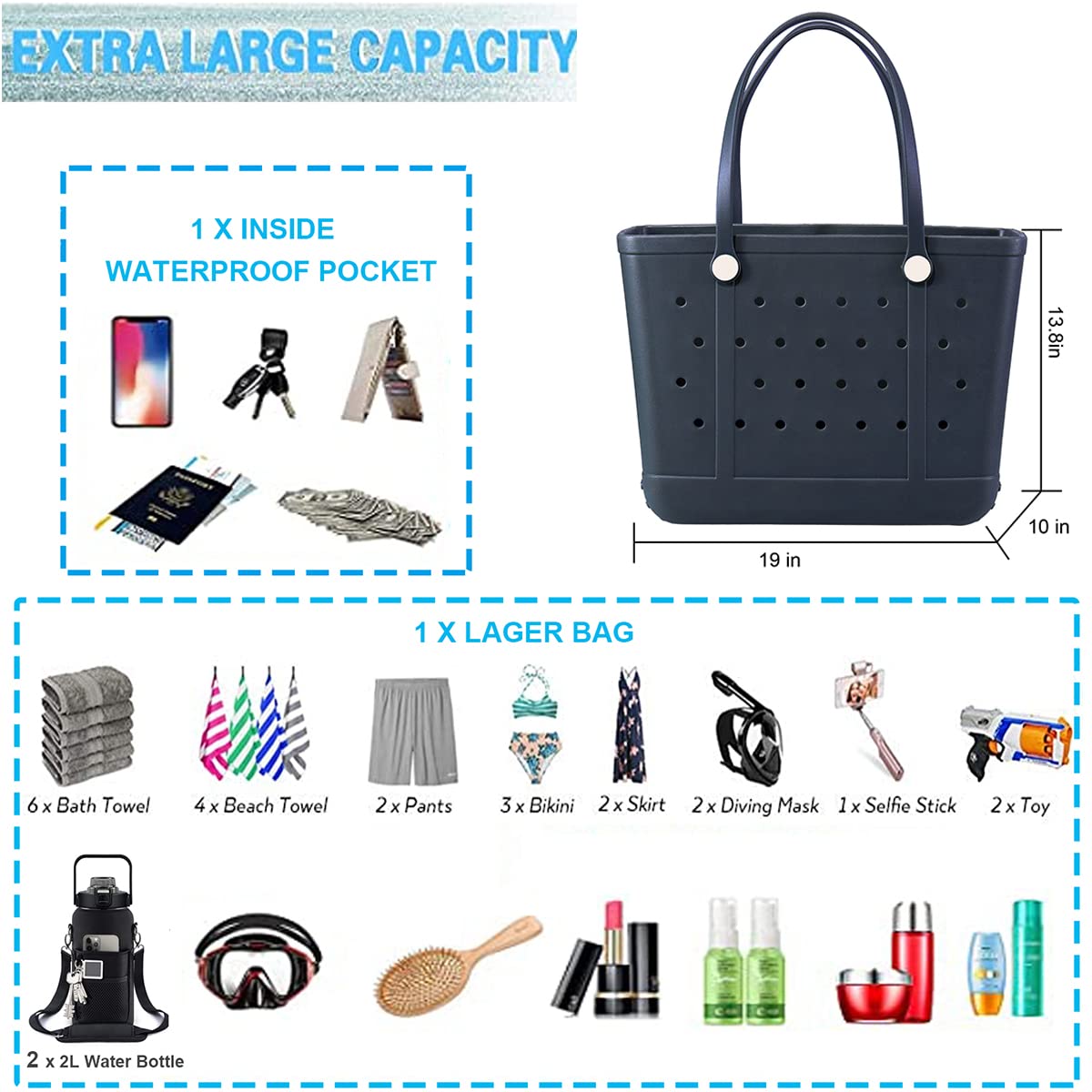 Large Waterproof Beach Tote Bag for Women - Durable Rubber Croc Style Pool Bag, Washable Open Top Carryall for Beach, Swimming, Yoga & Travel | Perfect for Vacation, Gym & Outdoor Activities