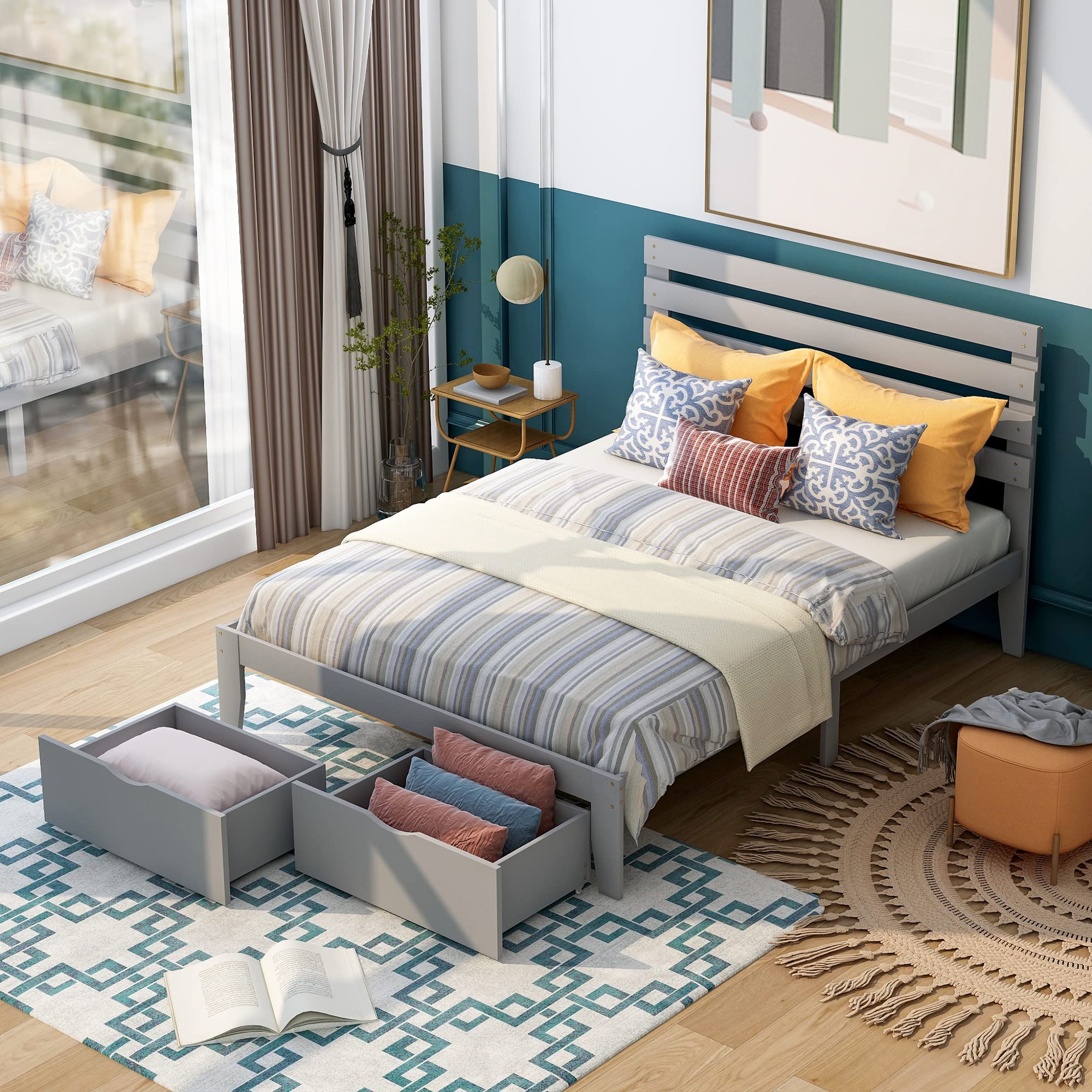 Full Storage Bed with Drawer - Solid Wood Platform Bed Frame with Headboard for Bedroom & Living Room - Wood Slat Support, No Box Spring Needed - Perfect for Small Spaces & Guest Rooms