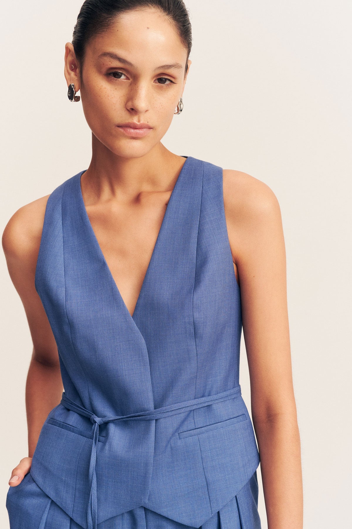 ASHER BELTED VEST for Women - Slimming Waistcoat in Ocean Blue | Stylish Layering Piece for Office, Date Night & Fall Fashion