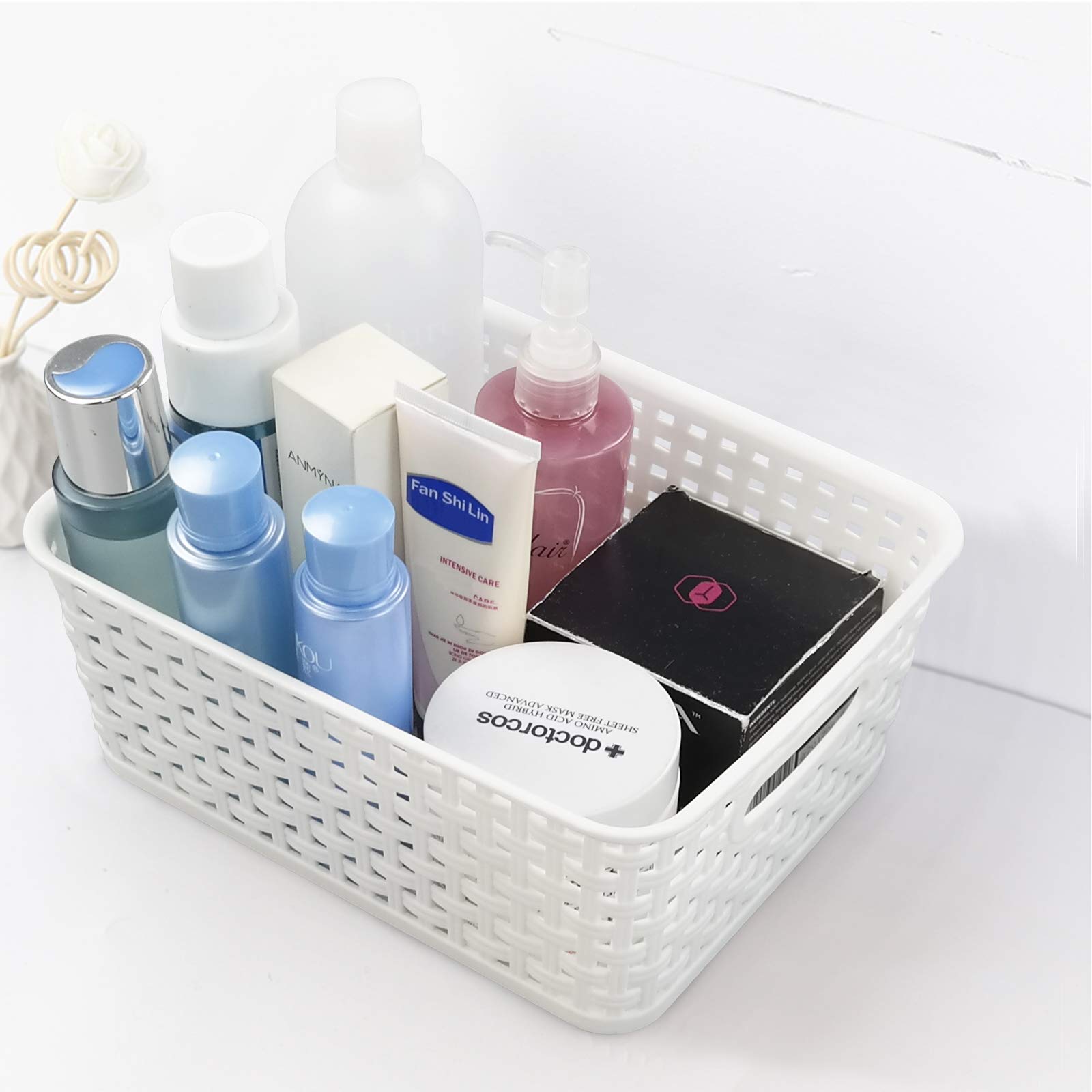 6-Pack Plastic Woven Pantry Organizer Baskets - Stackable Kitchen Storage Containers for Fruits, Vegetables & Snacks | Perfect for Pantry, Fridge & Countertop Organization