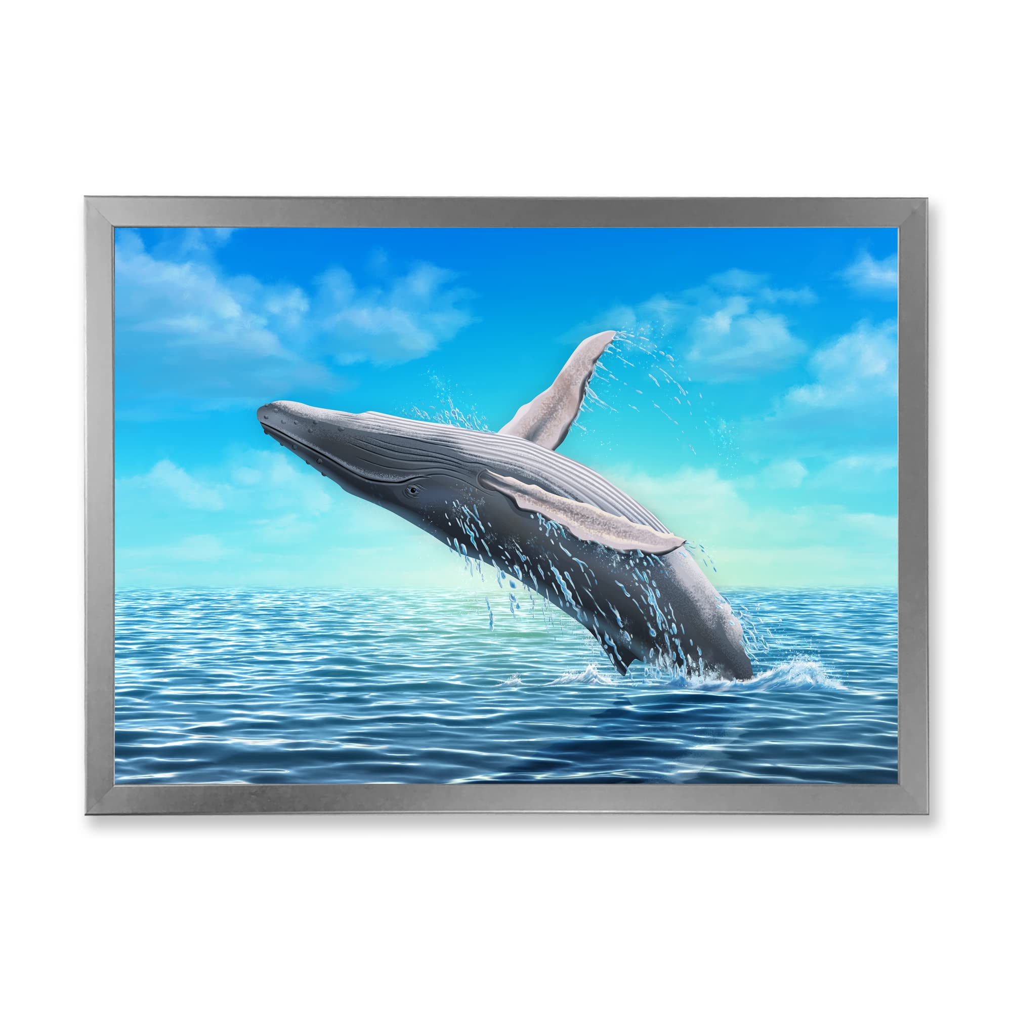 DesignQ Humpback Whale Jumping Framed Wall Art - Coastal Farmhouse Decor for Living Room, Bedroom & Office - Ocean Themed Home Decor