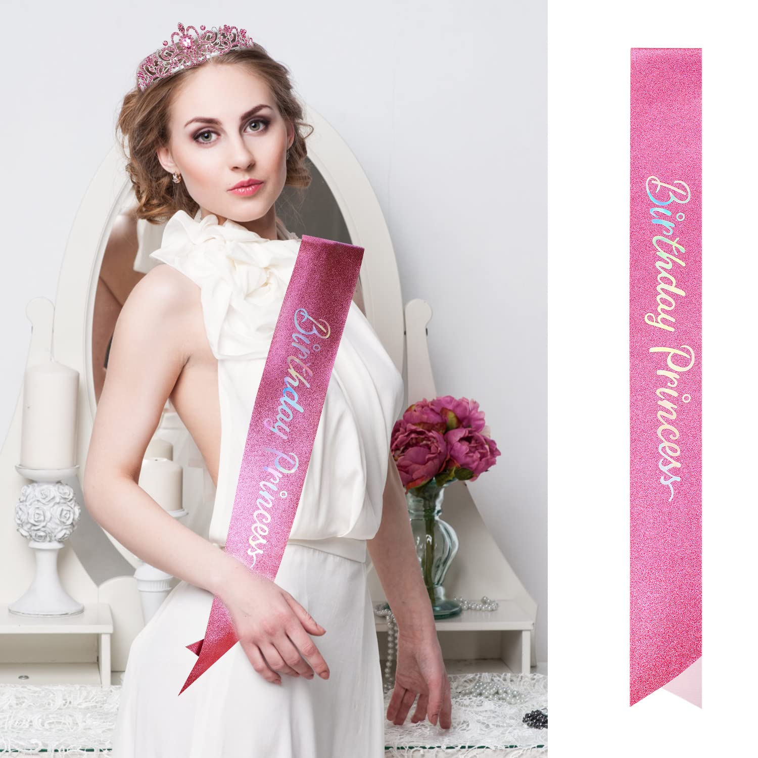 VELSCRUN Birthday Tiaras for Women & Girls - Sparkling Princess Crown Headband with Sash - Elegant Birthday Party Accessories & Decorations for Women's Birthday, Bachelorette, Bridal Showers & Special Celebrations