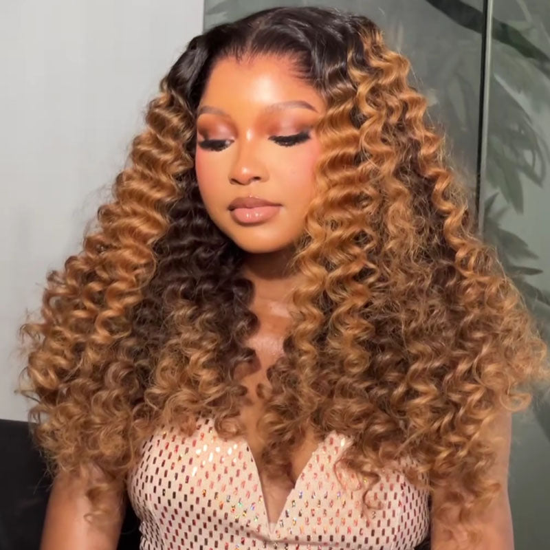 Eullair T1B Honey Brown Deep Curly Human Hair Lace Front Wig - Pre-Colored Glueless Lace Wig for Women (EW012) | Natural Look for Daily Wear, Parties & Special Occasions