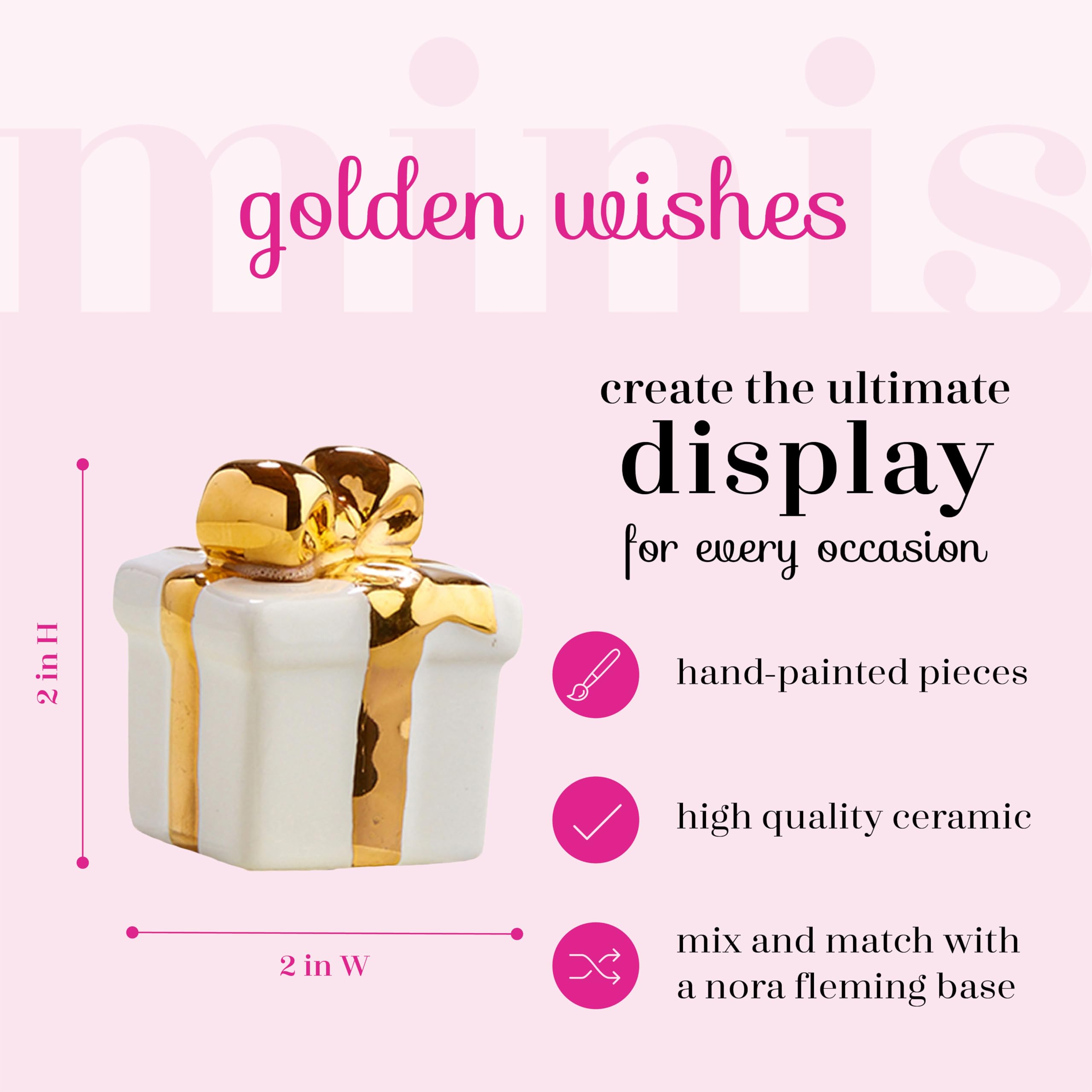Nora Fleming Golden Wishes White Ceramic Gift A185 - Hand-Painted Valentine's Day Decor for Home & Office - Spring Miniature Decorations for Tabletop, Shelf & Mantel Display
