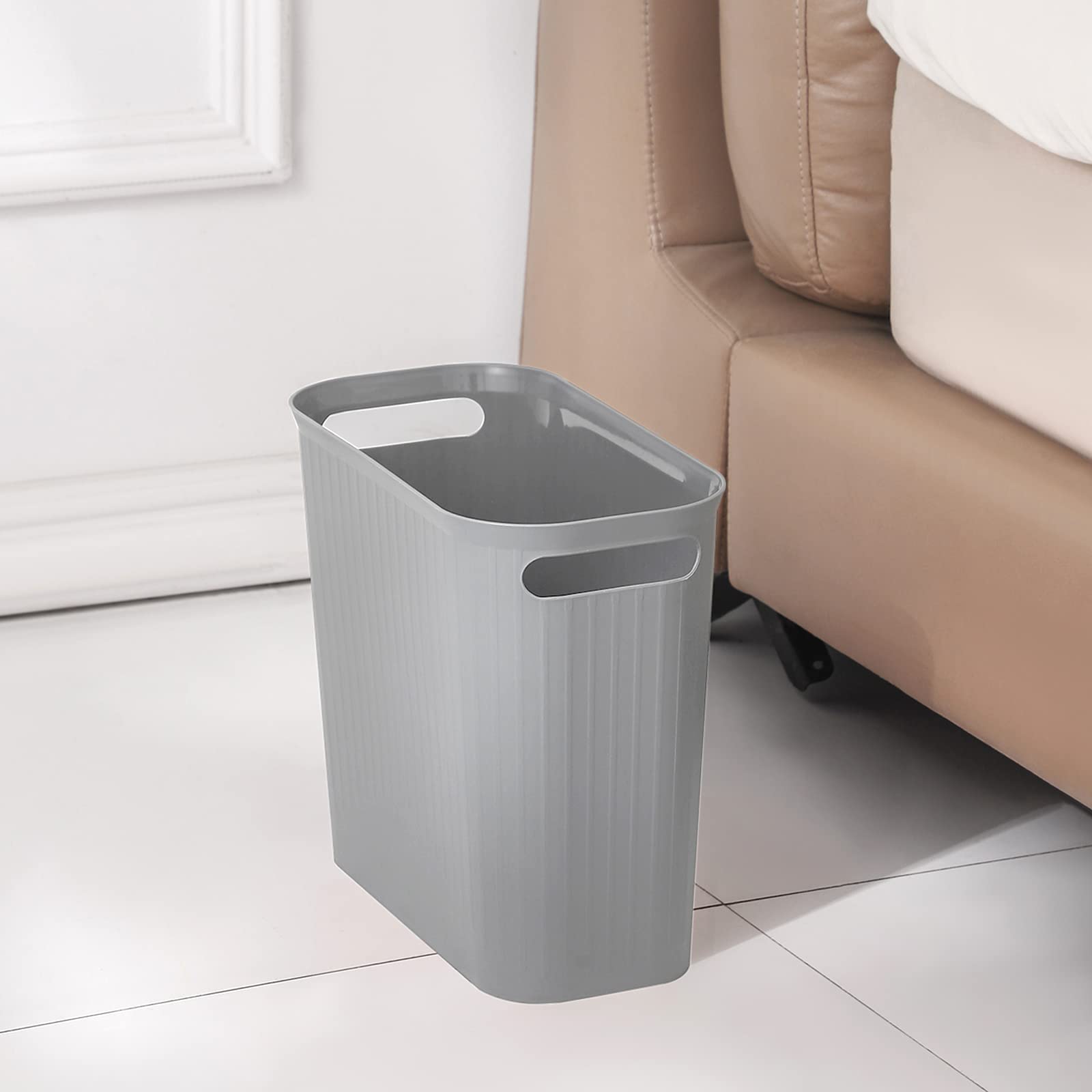 Rejomiik 3.5 Gallon Slim Plastic Trash Can with Handles - Small Waste Basket for Bathroom, Bedroom, Office, Kitchen & Dorm - Space-Saving Rectangular Garbage Bin (Gray, 1-Pack) - Perfect for Tight Spaces & Home Organization