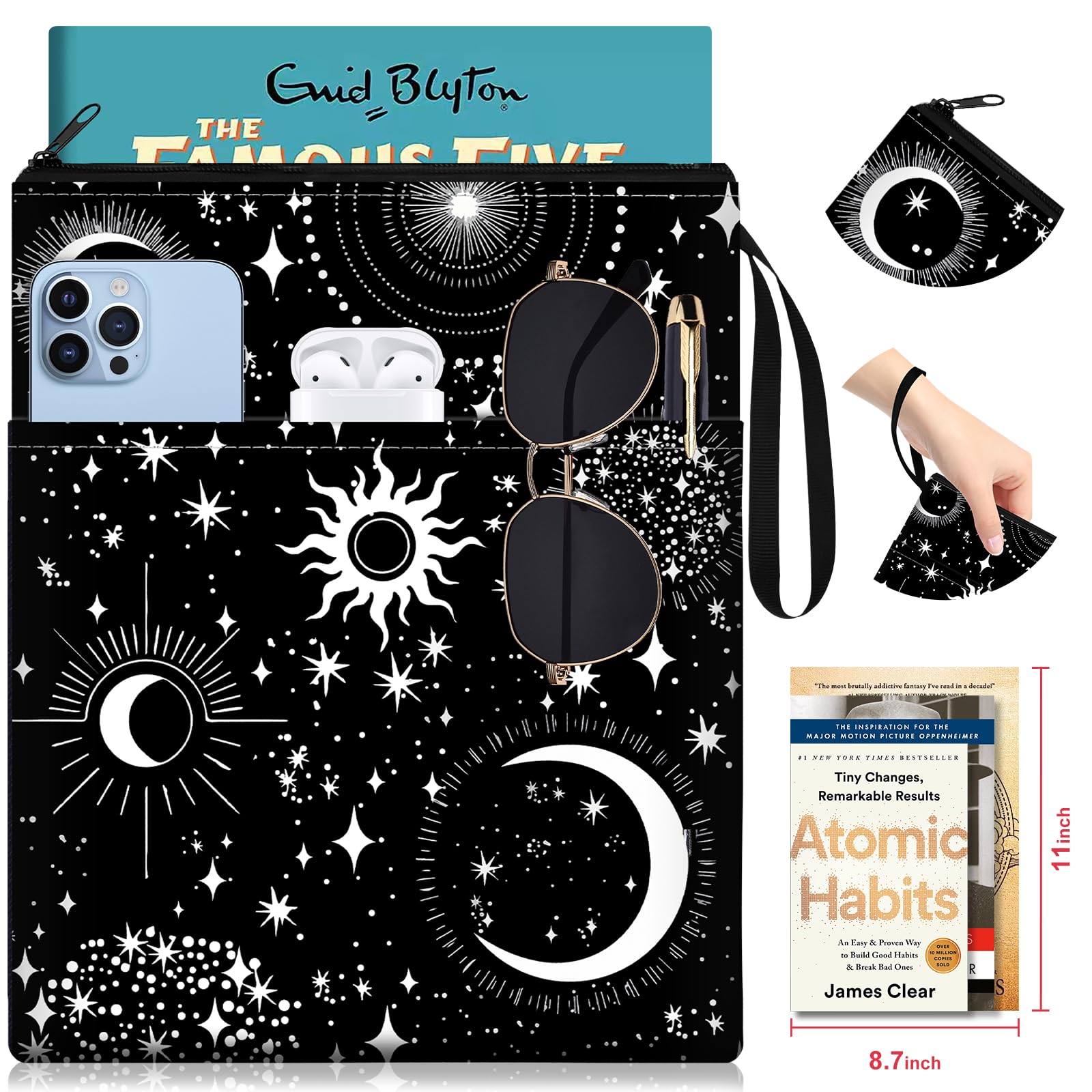 Slohif Zippered Book Sleeve Cover Protector for Paperback & Hardcover Books - Waterproof Reading Accessories for Students & Book Lovers (Black Sun Moon Design) - Perfect for School, Travel, and Daily Commute Protection