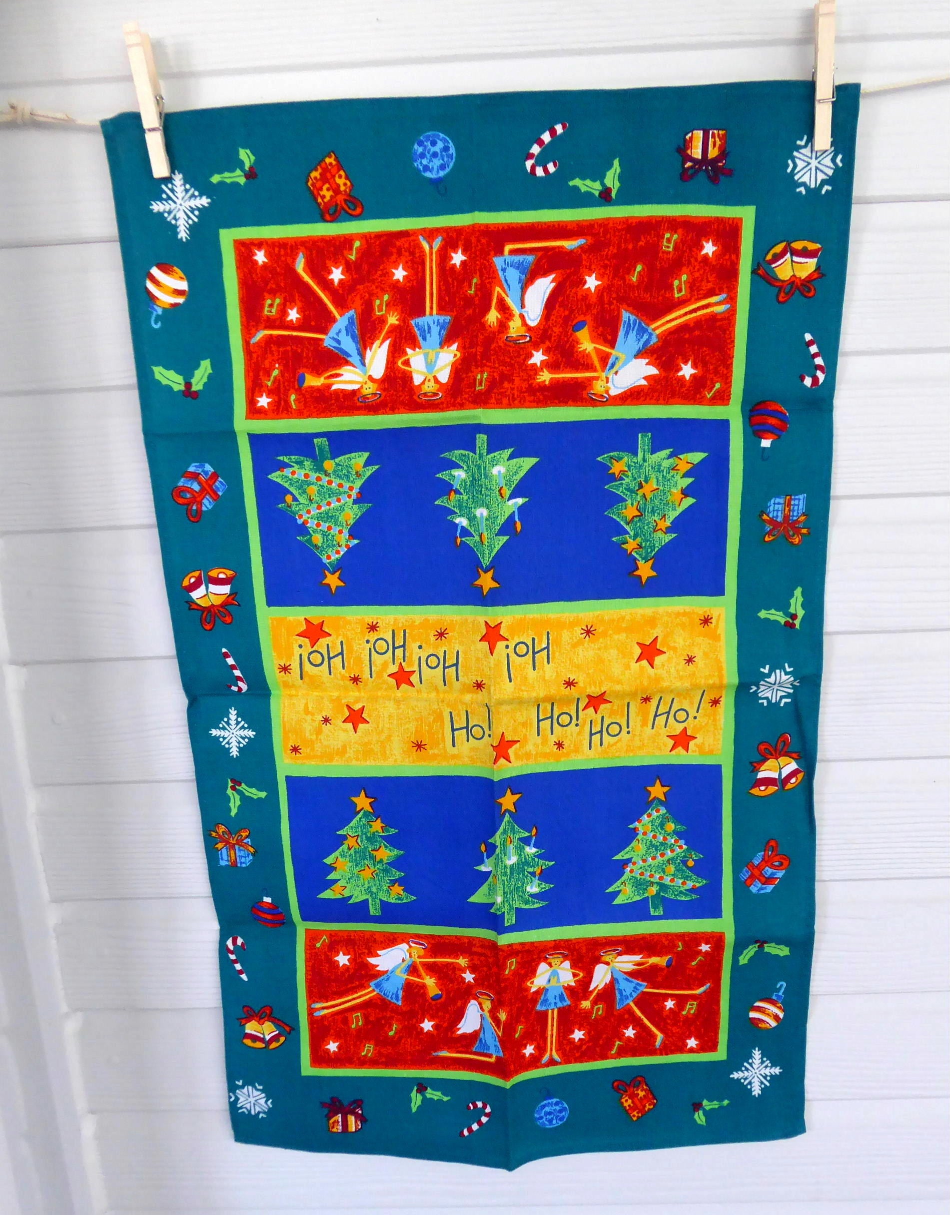 Vintage 1980s Christmas Holiday Tea Towel - English Design with Angels & Trees - Quirky Absorbent Dish Towel for Kitchen, Holiday Decor & Gift Giving