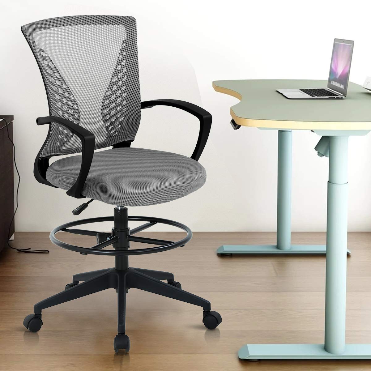 Ergonomic Mesh Drafting Chair with Adjustable Height, Lumbar Support & Foot Ring - Tall Office Chair for Architects, Artists & Designers - Perfect for Drafting Tables, Standing Desks & Home Offices (Grey)