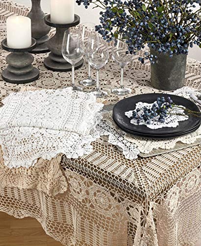 Handmade Crochet Lace Cotton Tablecloth 72x90 Inches - Elegant Ecru Oblong Dining Table Cover for Wedding, Banquet, Party & Home Decor | Perfect for Formal Dinners, Holiday Gatherings & Special Occasions