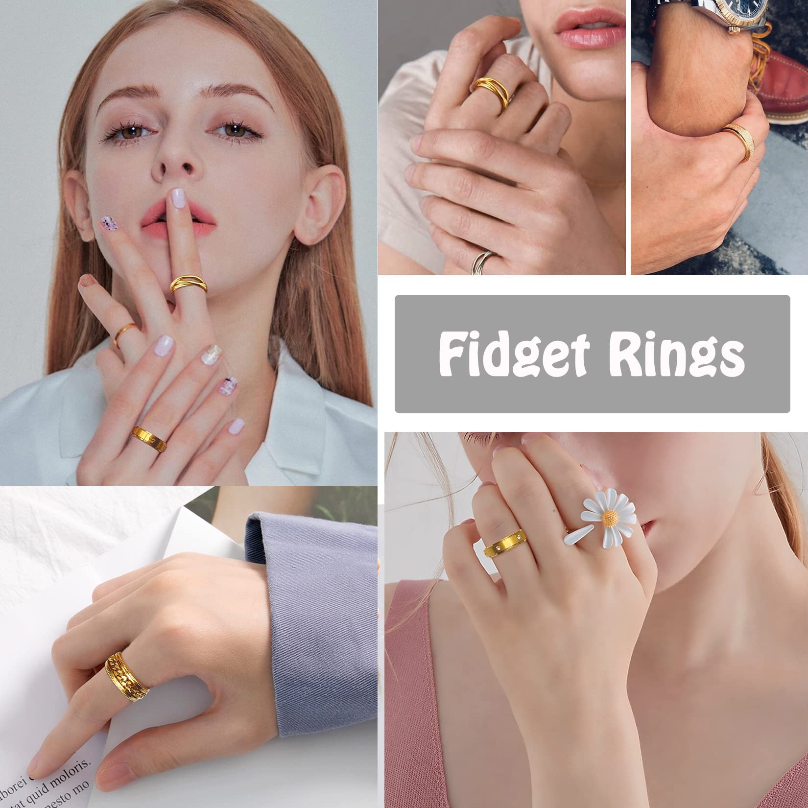 18K Gold Plated Fidget Rings for Anxiety Relief - Butterfly Spinner Rings for Women & Men - Stress Relief Jewelry for Office & Travel