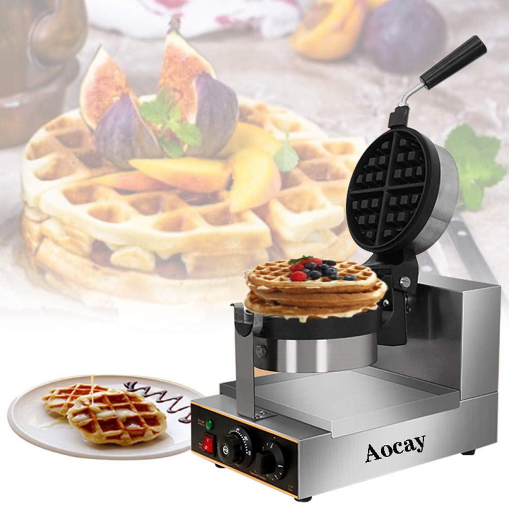 Aocay 1300W Commercial Rotating Waffle Maker with Non-Stick Plates & Drip Tray - 220V Round Waffle and Egg Cake Machine for Restaurants, Bakeries, Cafes - Perfect for Making Belgian Waffles, Bubble Waffles, and Egg Puffs - Easy to Clean & Durable