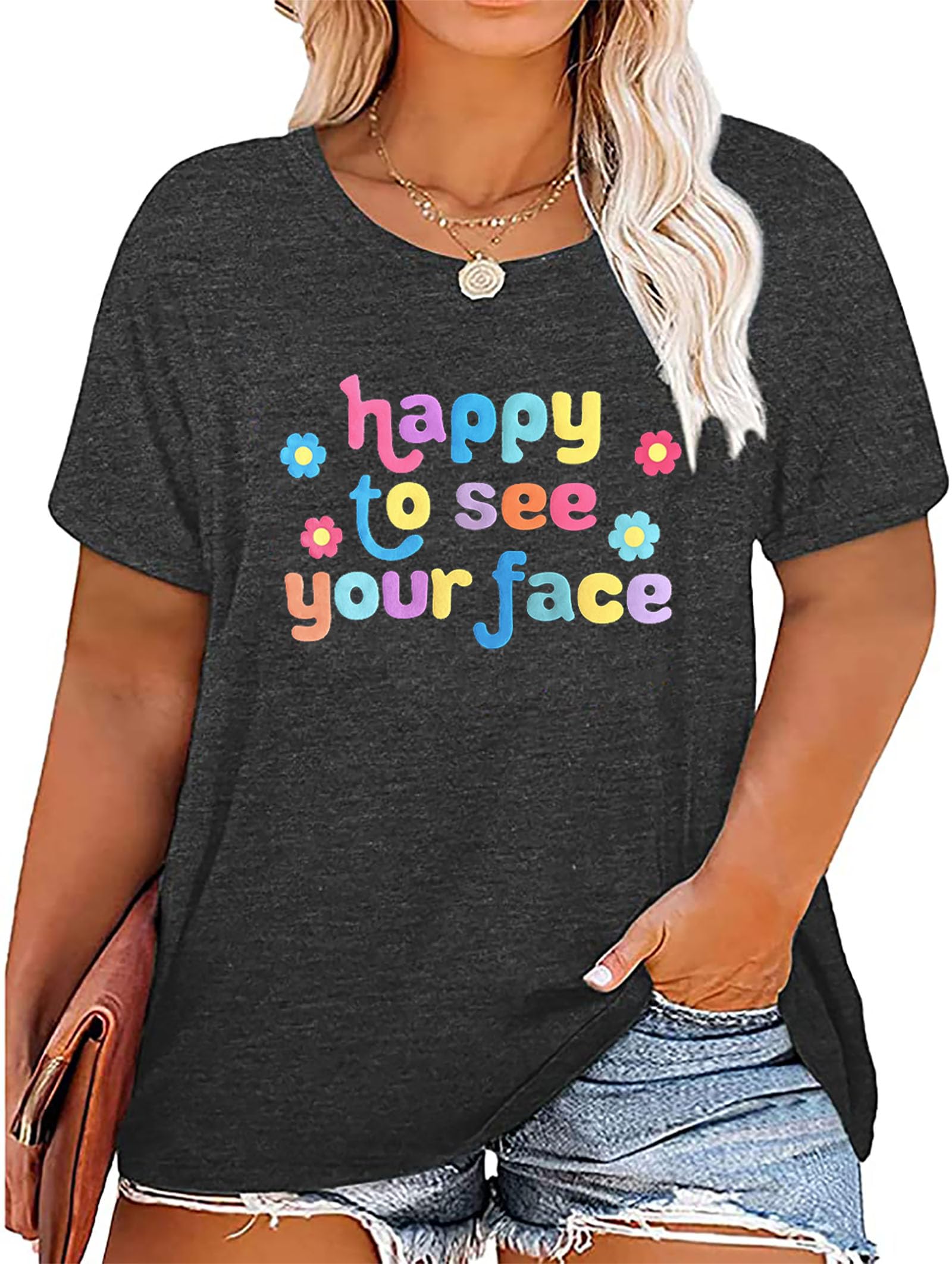 Plus Size Women's Teacher T-Shirt - Happy to See Your Face Graphic Tee | Back to School Teacher Gift | Casual Summer Vacation Top | Perfect for Classroom, Teacher Appreciation Week & School Events