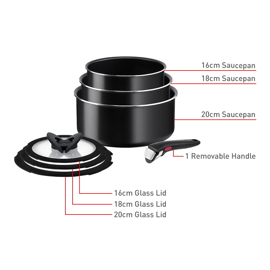 Tefal Ingenio Easy ON 7-Piece Non-Stick Cookware Set with 16/18/20cm Saucepans, Glass Lids & Removable Bakelite Handle - Black (L1599602) - Perfect for Boiling, Steaming & Simmering - Easy Cleaning & Heat Indicator for Safe Cooking