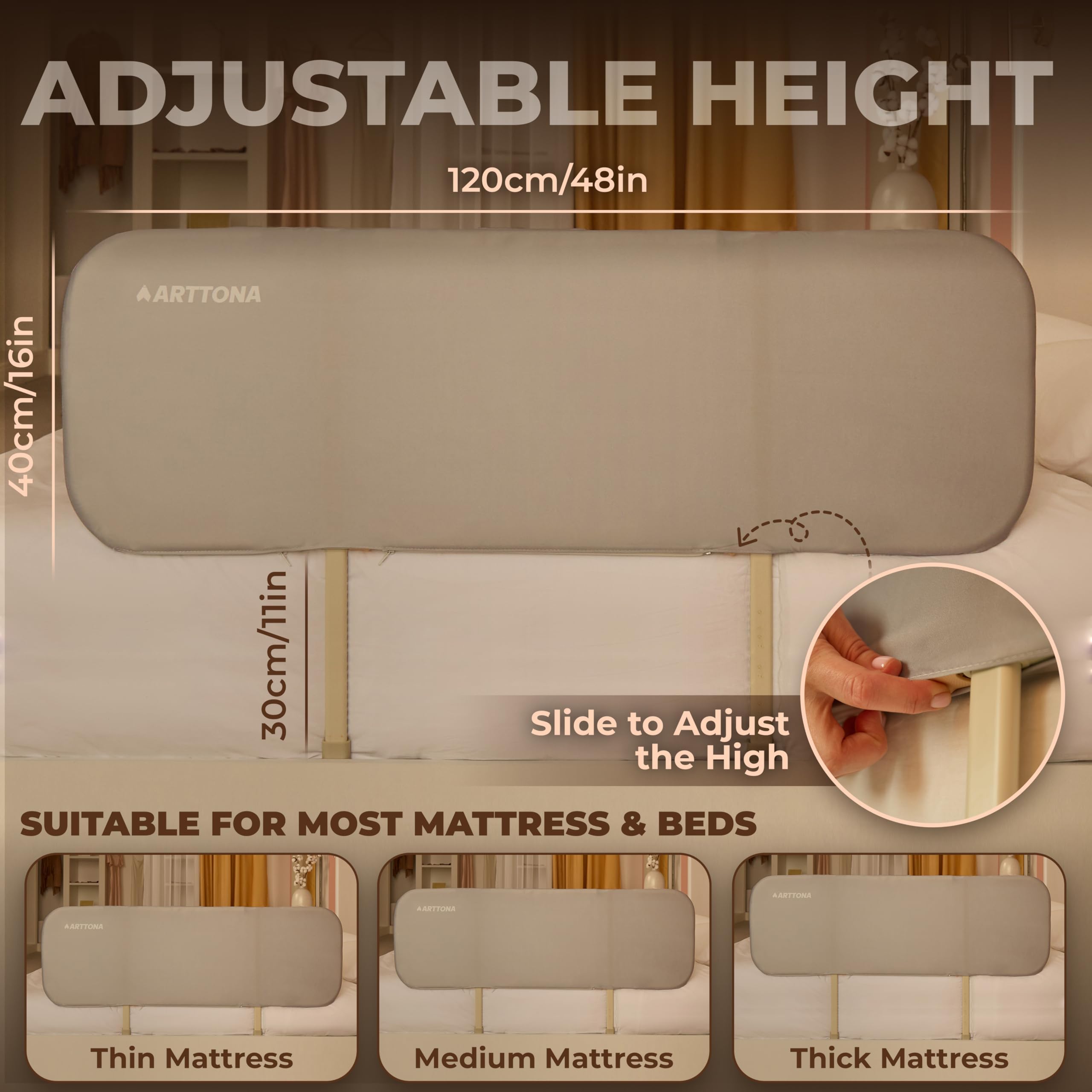 Foldable Toddler Bed Rail with Night Light - 48 Inch Portable Bed Guard for Baby & Kids - Fits Full, Queen & Twin Size Beds - Safe Bedside Fence for Toddler Transition & Travel Use