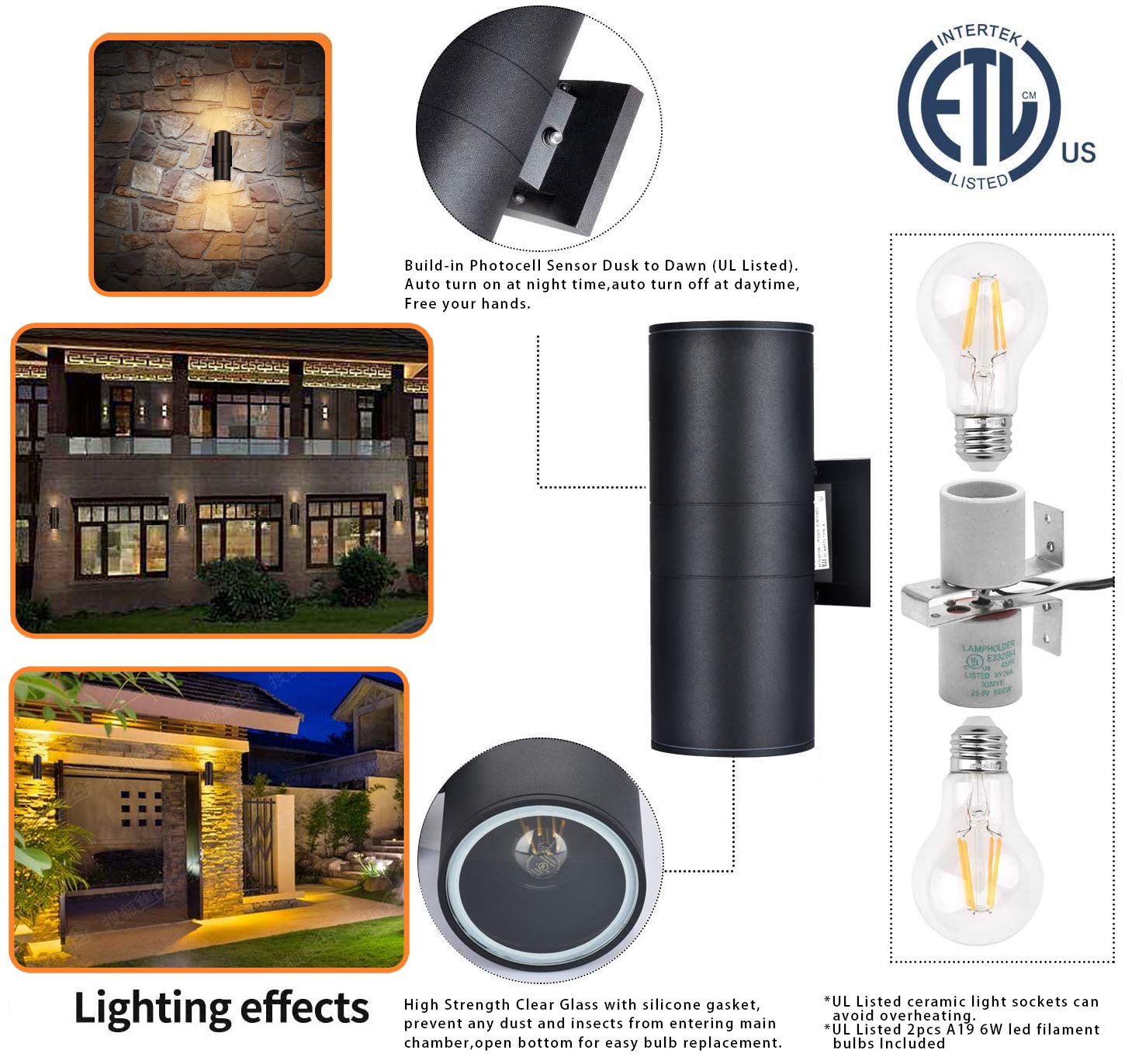 Dusk to Dawn Outdoor Wall Sconce Lights - 2 Light Fixtures with A19 Bulbs Included, Waterproof Exterior Lighting for Garage, Porch, Front Door, Patio & Garden [ETL Certified] - Perfect for Home Security & Landscape Illumination