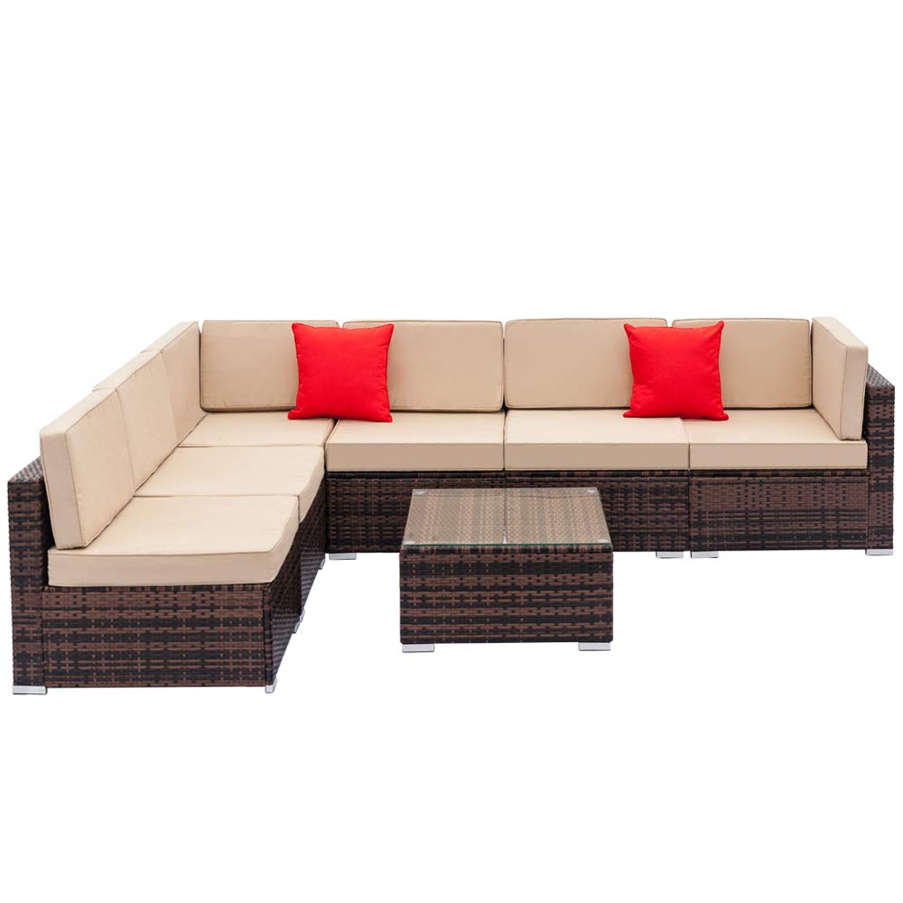 All-Weather Wicker Rattan Patio Sectional Sofa Set - 7 Piece Outdoor Furniture with Pillow Cushions, Handwoven Wicker Conversation Set for Garden, Poolside & Backyard Relaxation