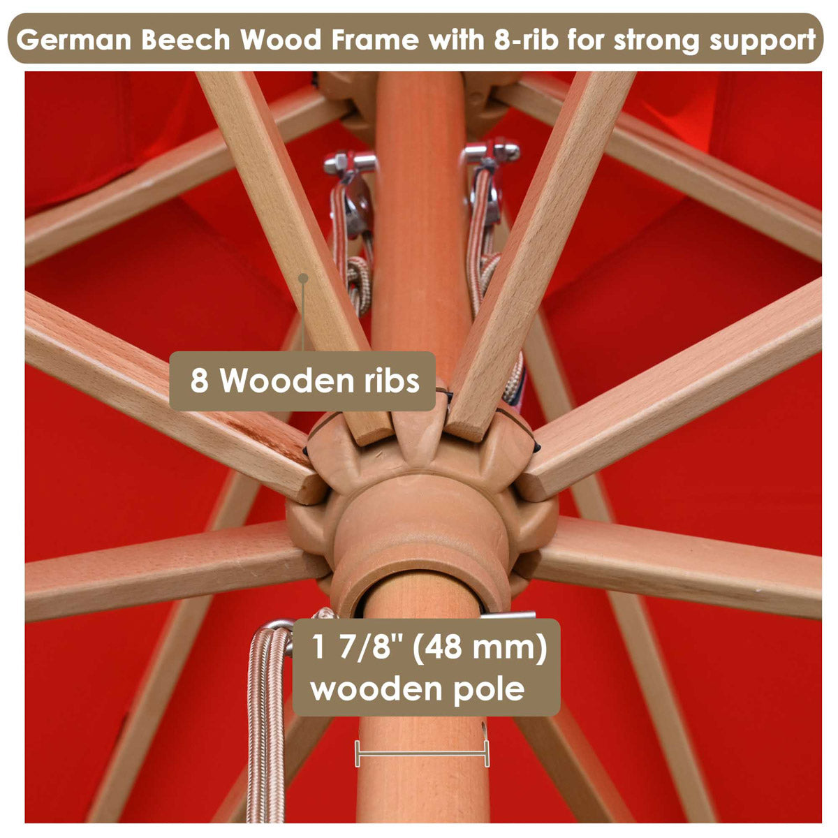 13ft 8-Rib Wooden Patio Umbrella with Heavy Duty Stand - Outdoor Market Umbrella for Garden, Poolside, Deck & Backyard Relaxation