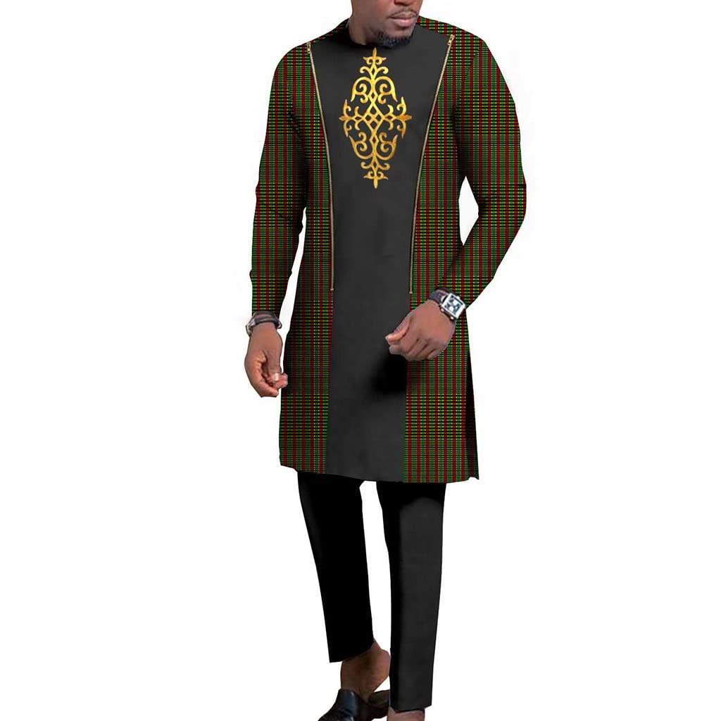 Men's African Dashiki & Pants Set - 100% Cotton Long Sleeve Gold Floral Print Ethnic Outfit | Traditional Formal Wear for Weddings, Parties & Cultural Events