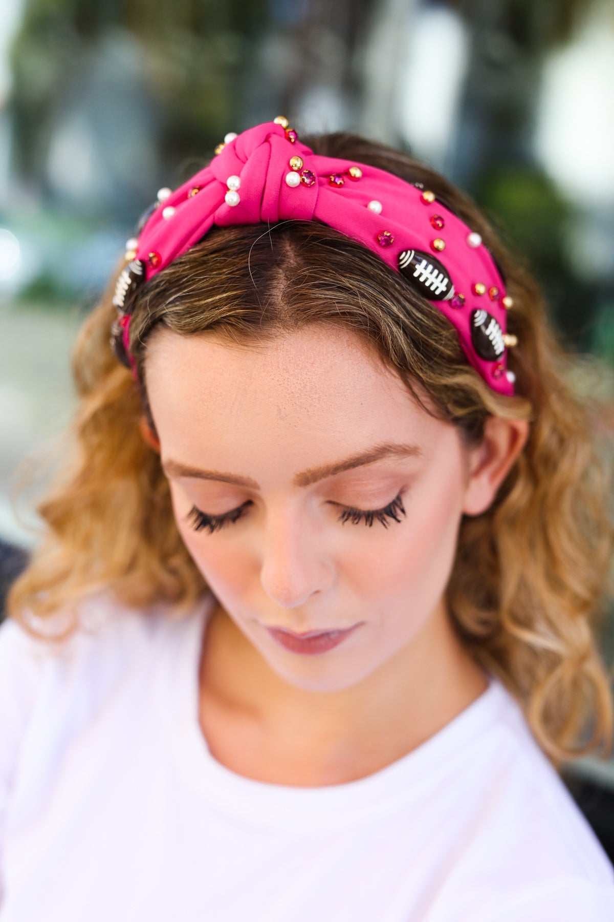 Fuchsia Stone & Gem Embellished Football Top Knot Headband for Women - Stylish Hair Accessory for Sports, Games, and Casual Wear