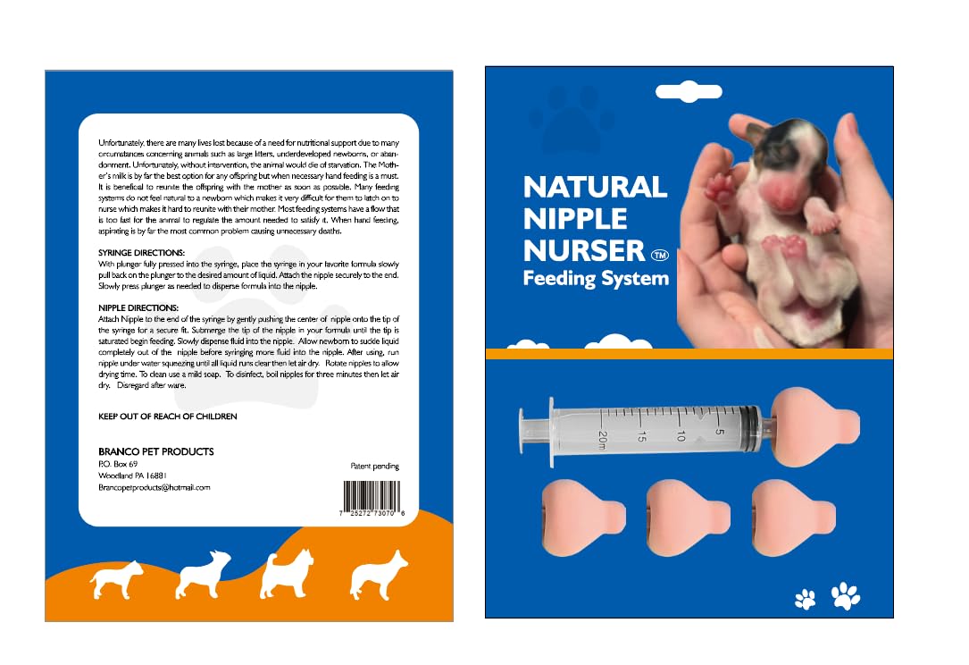 Natural Nipple Nurser for Puppies & Small Animals - 6-Pack Pet Feeding Nipple with Syringe, Newborn Puppy Bottle Feeder for Nursing - Ideal for Whelping Supplies, Orphaned Pets & Veterinary Care (Small Size)