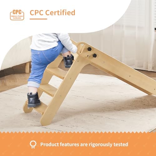 Wooden Toddler Slide for Kids Ages 1-5 | Indoor Foldable Baby Slide for Playroom & Nursery | Montessori Climbing Toy for Early Childhood Development | Perfect for Home Playrooms, Daycares & Preschool Classrooms